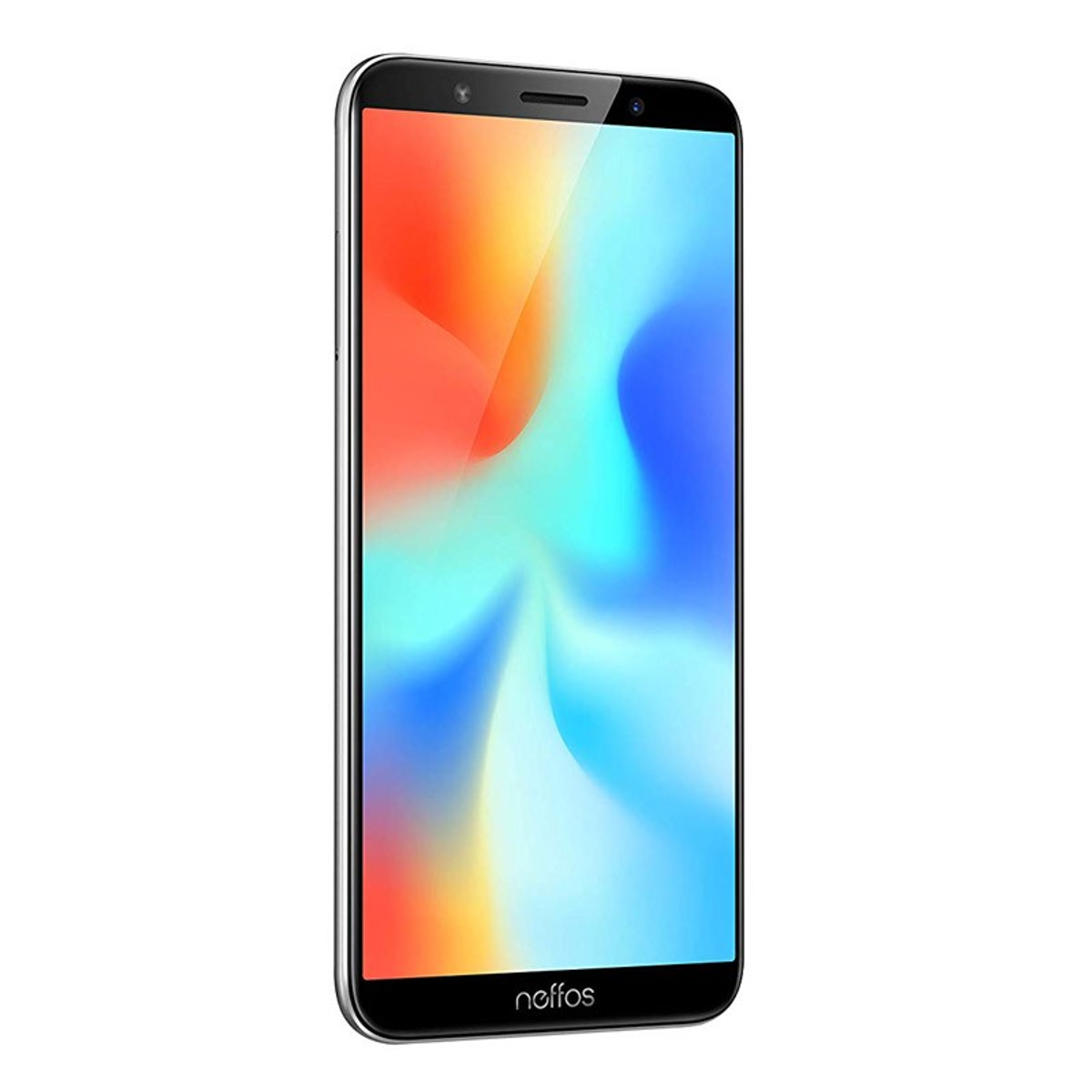 Schwarzes Smartphone mit buntem Bildschirm, am unteren Rand des Telefons steht "naffos".