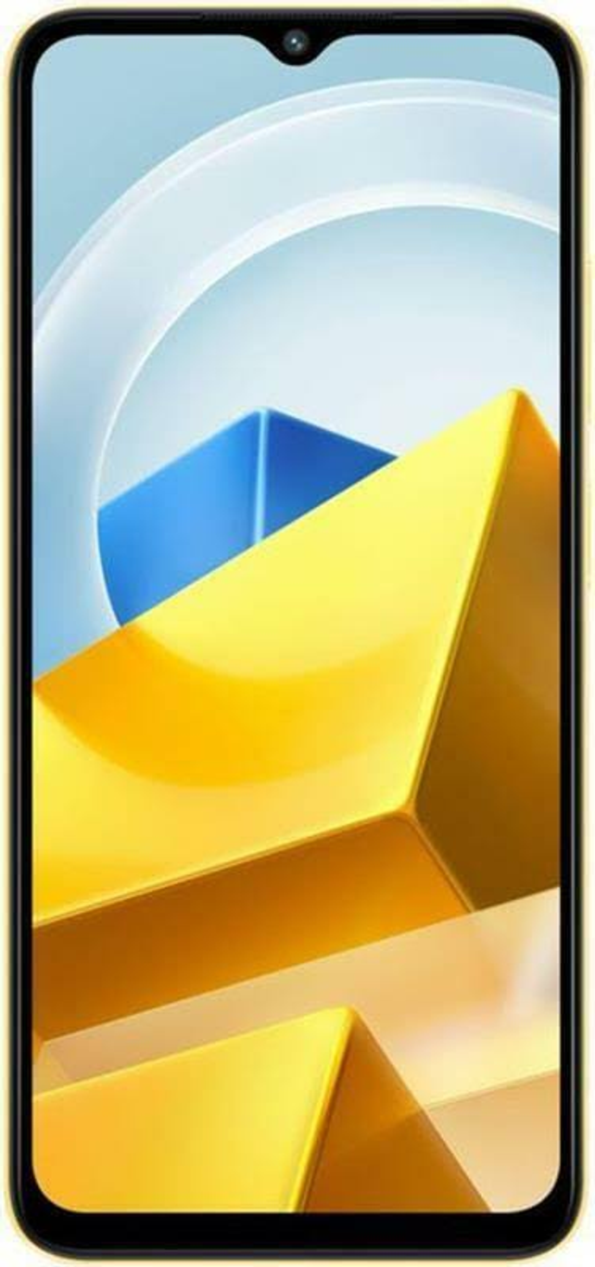 Ein gelbes Smartphone mit einem blau-gelben Bild auf dem Bildschirm. Weißer Hintergrund.