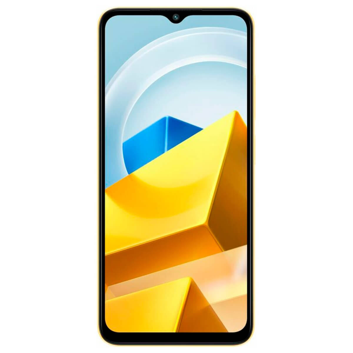 Gelbes Smartphone auf weißem Hintergrund. Der Bildschirm zeigt ein Design mit gelben und blauen Formen.