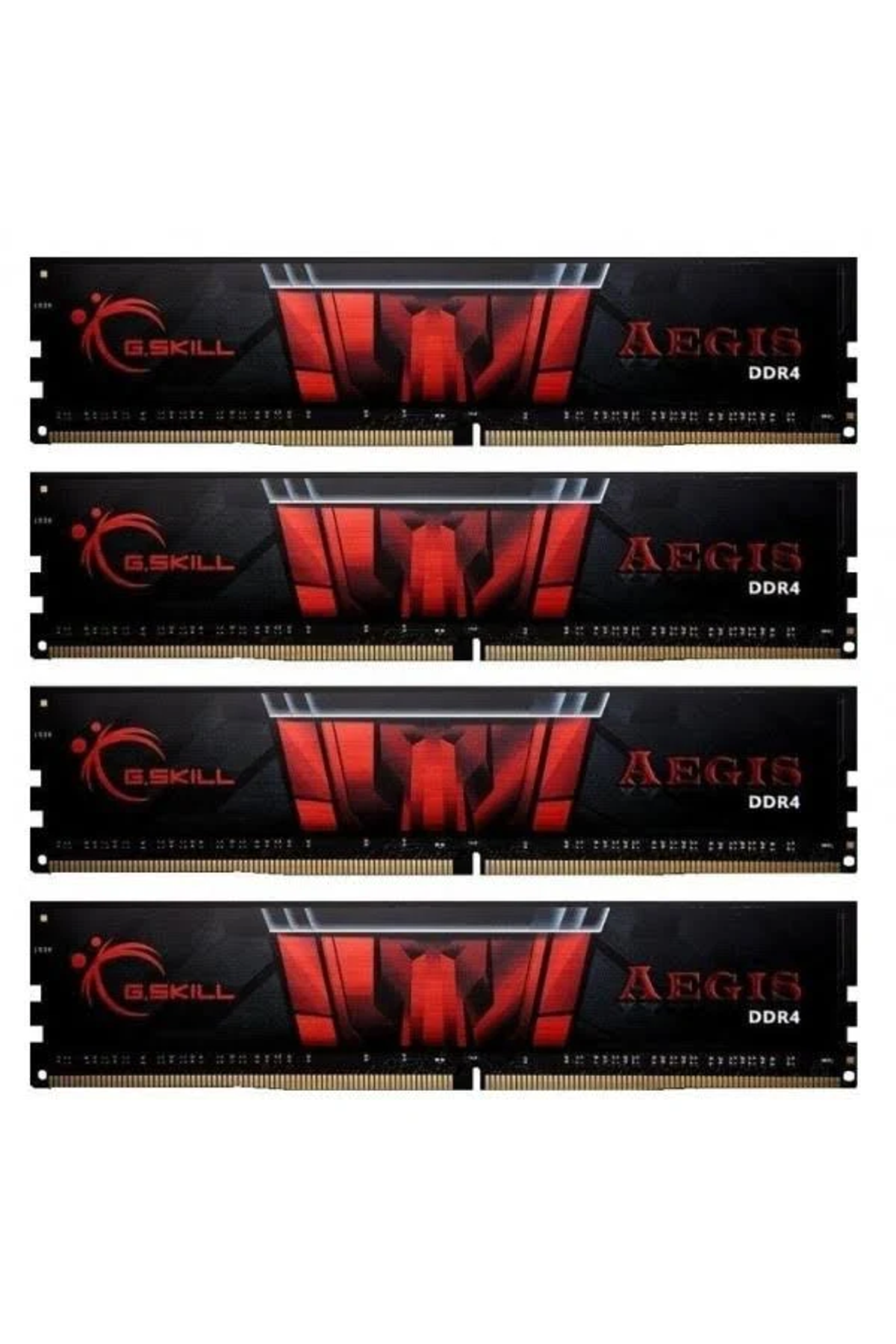 Cztery kości RAM z czerwonym designem. Białe tło.