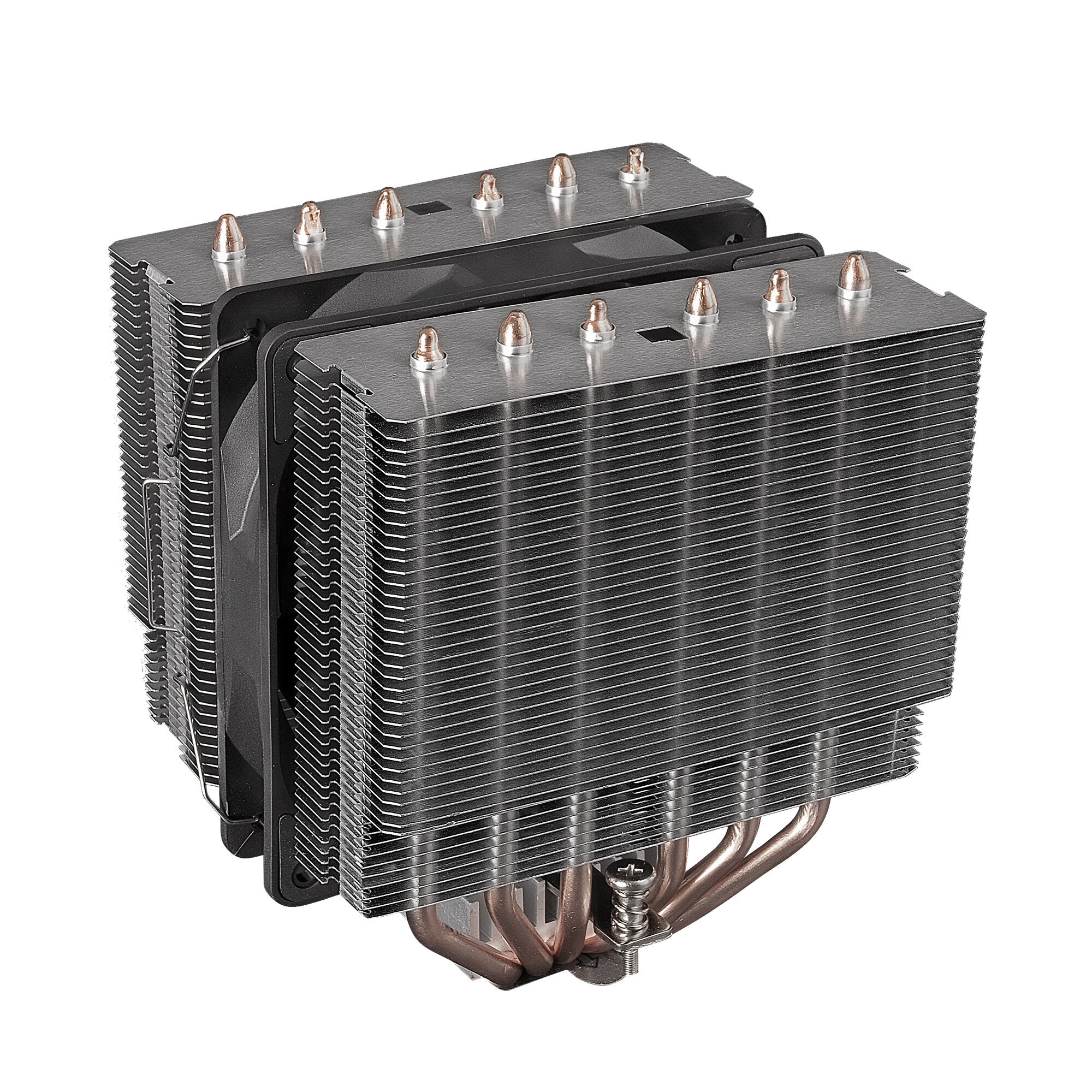 Ein großer CPU-Kühler mit Rippen und einem Lüfter. Es ist silber und schwarz.