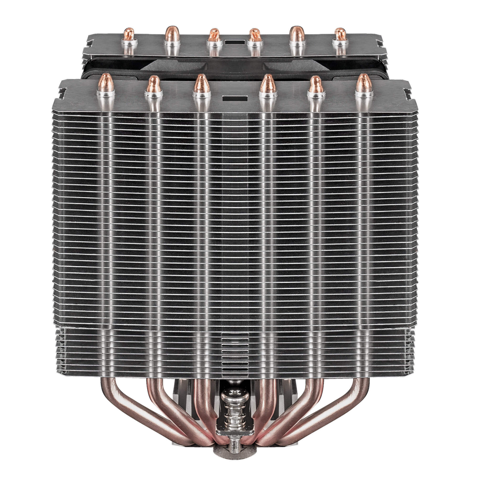 CPU-Kühler mit vielen Lamellen und Kupfer-Heatpipes. Der Hintergrund ist weiß.