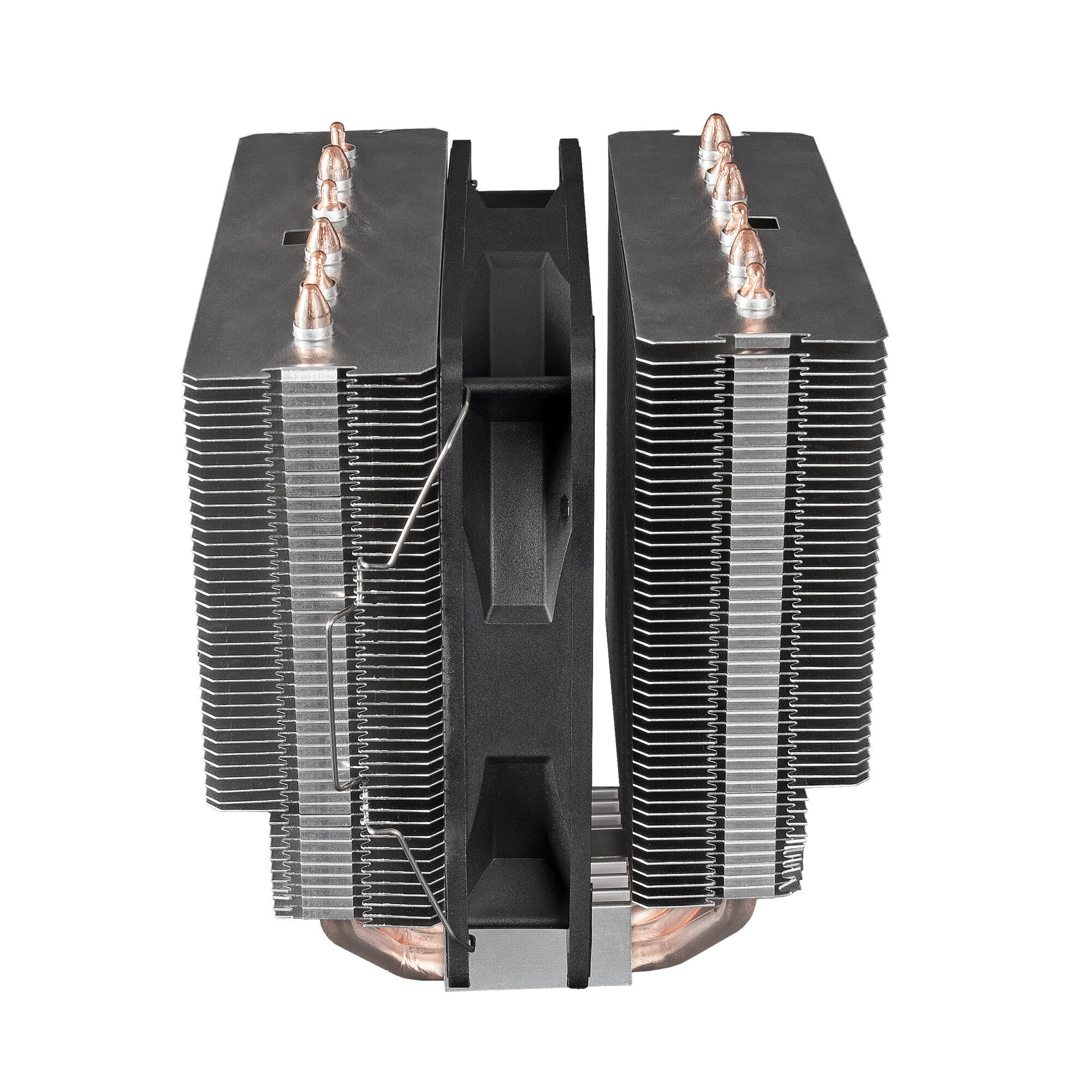 Ein CPU-Kühler mit zwei Kühlrippenstapeln. Der Kühler ist schwarz und hat sichtbare Kupfer-Heatpipes.