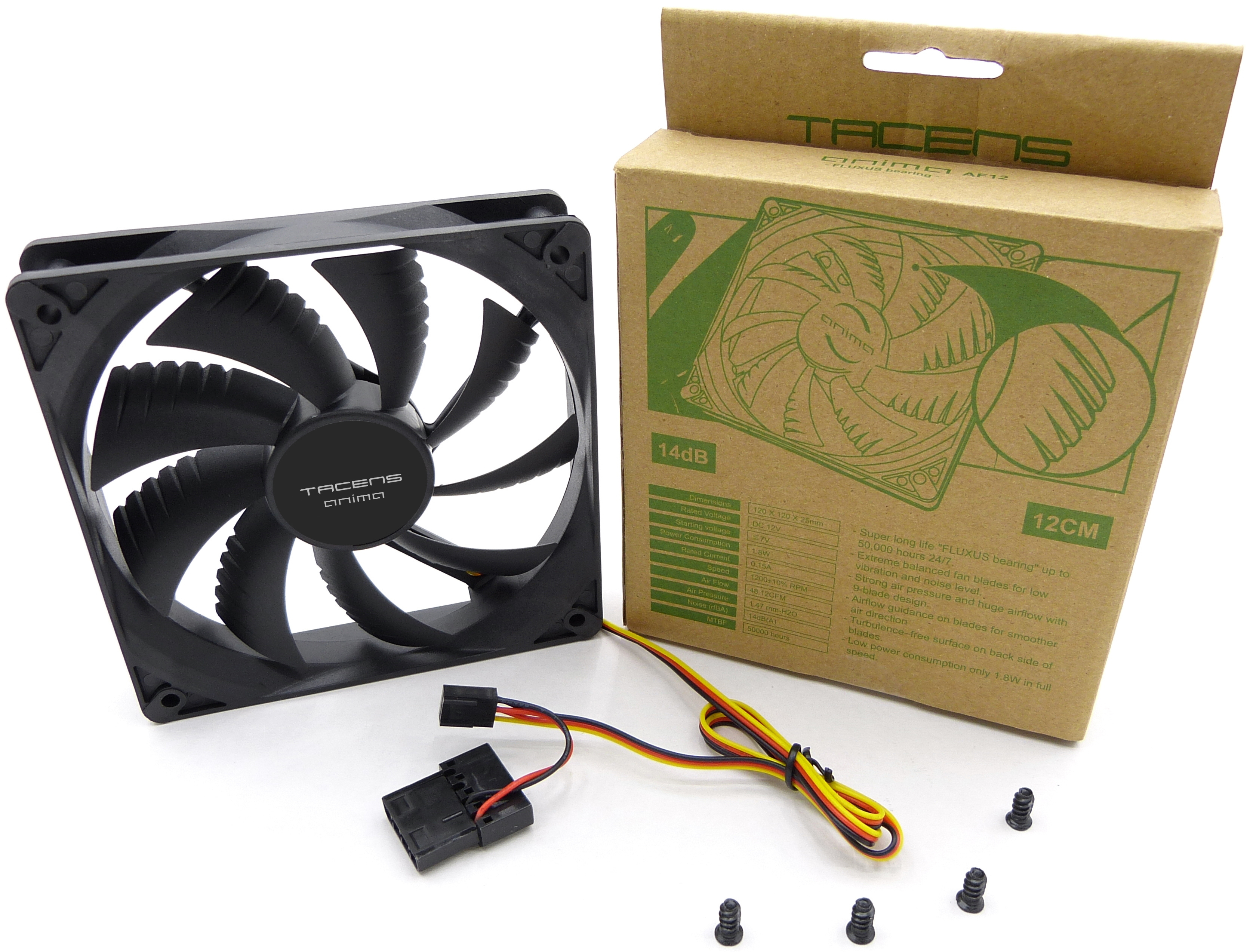 Ventilador de PC negro con marca. Caja de cartón marrón con especificaciones. Incluye cable y tornillos.