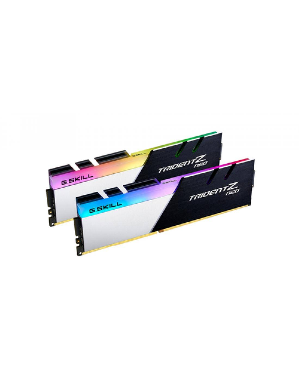 Dwa moduły RAM G.Skill Trident Z Neo. Moduły mają biało-czarny design z oświetleniem RGB.
