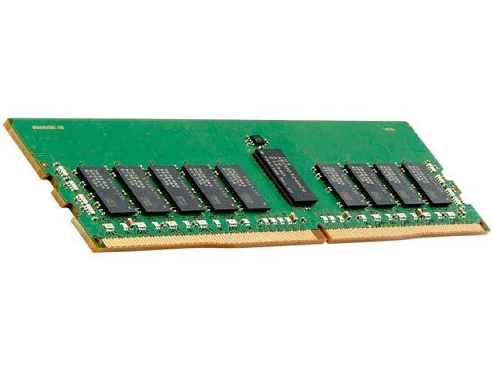 Zielona pamięć RAM z czarnymi układami i zieloną płytką PCB. Pod kątem na białym tle.