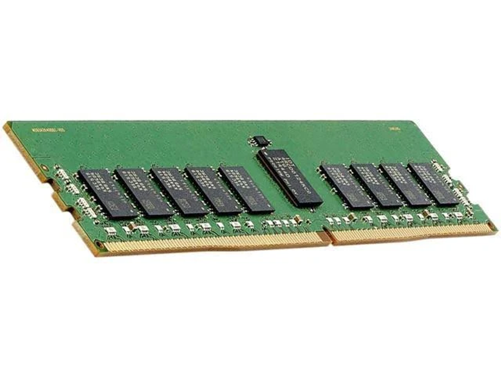 Zielona kość RAM z czarnymi układami na białym tle.