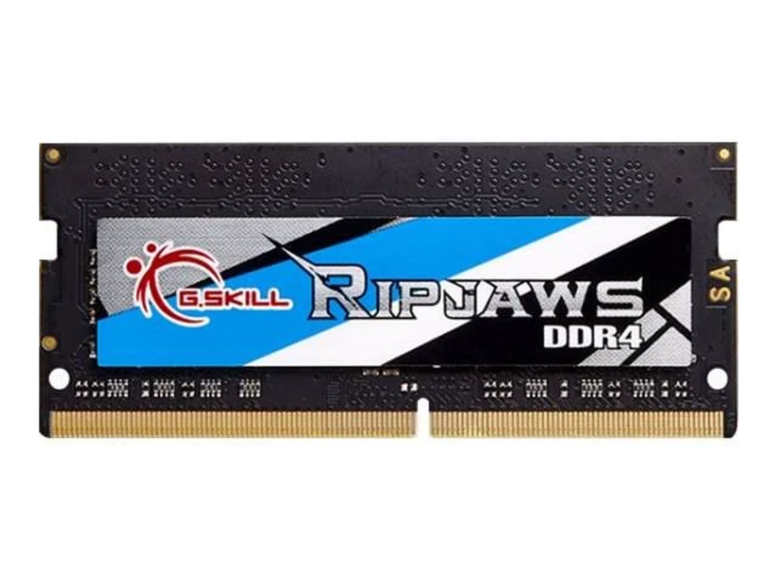 Moduł RAM z marką G.Skill Ripjaws DDR4, w kolorach czarnym, niebieskim i białym.
