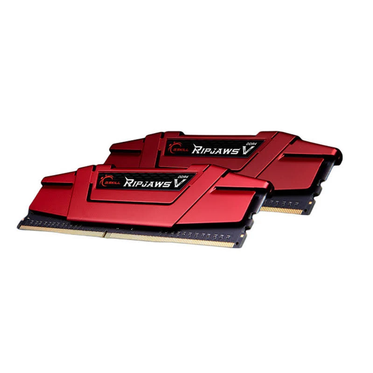 Dwa czerwone moduły RAM z czarnymi akcentami i logo Ripjaws V.