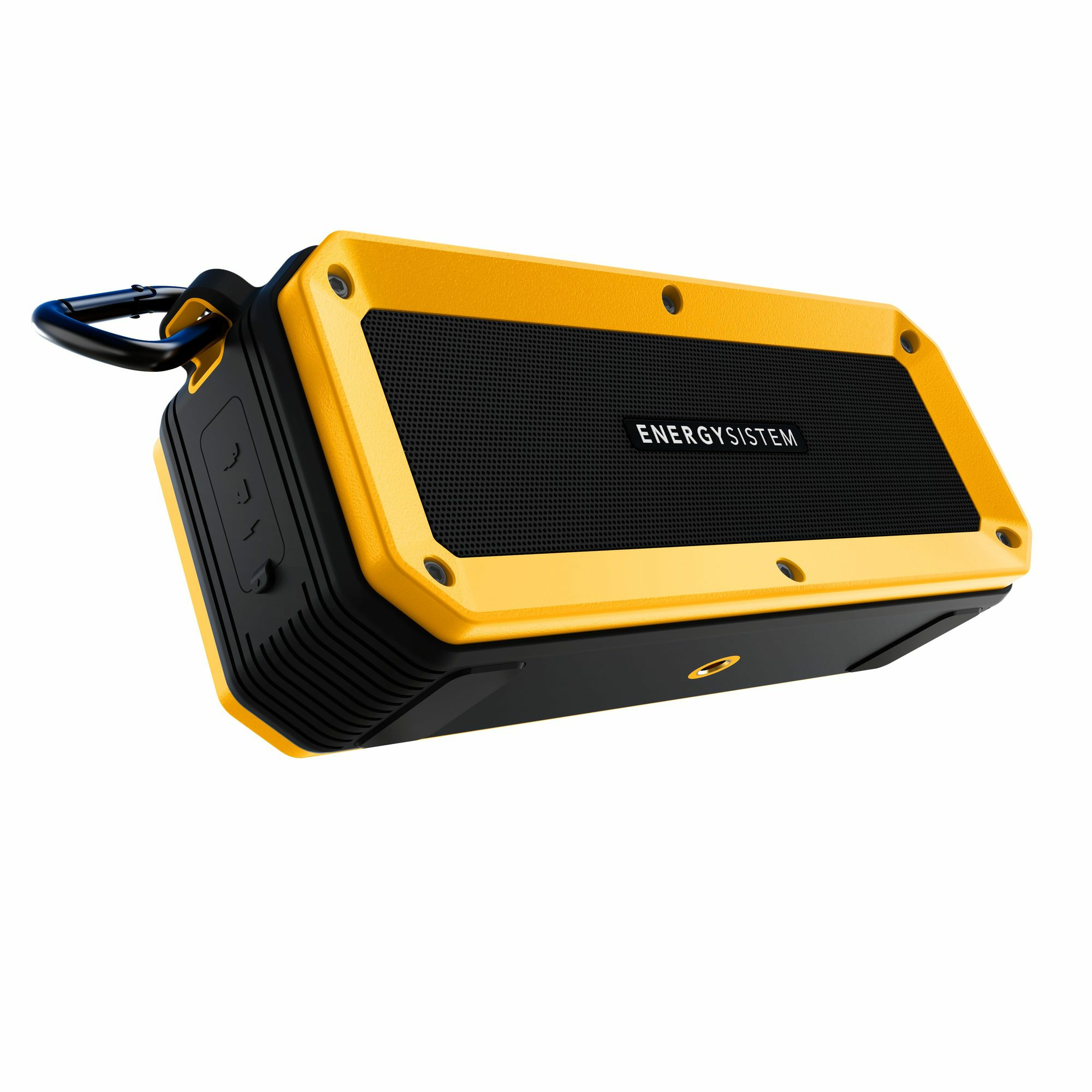 Altavoz amarillo y negro con el logotipo de Energy Sistem. Tiene un asa negra.