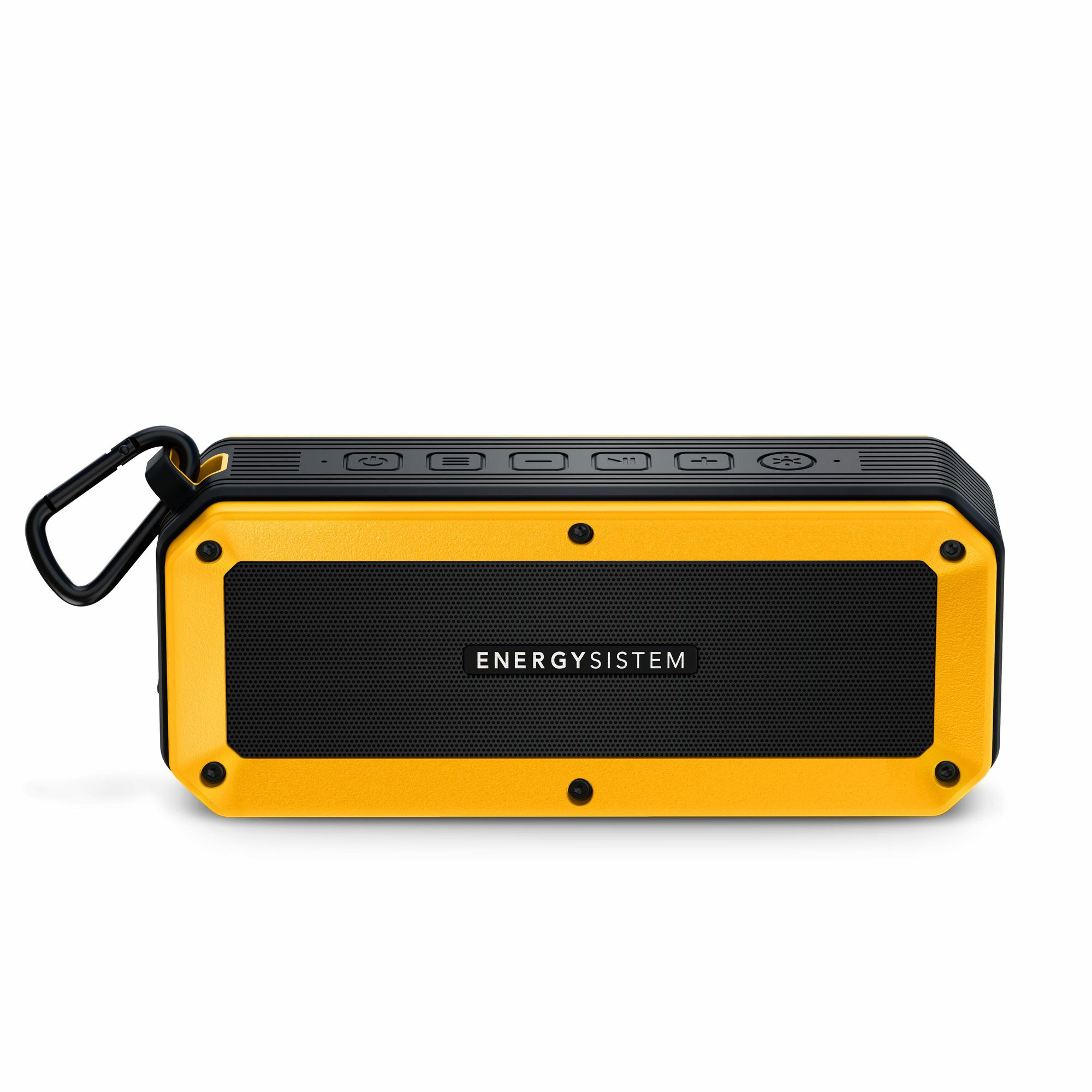 Altavoz amarillo y negro con asa, frontal de malla negra y nombre de la marca.