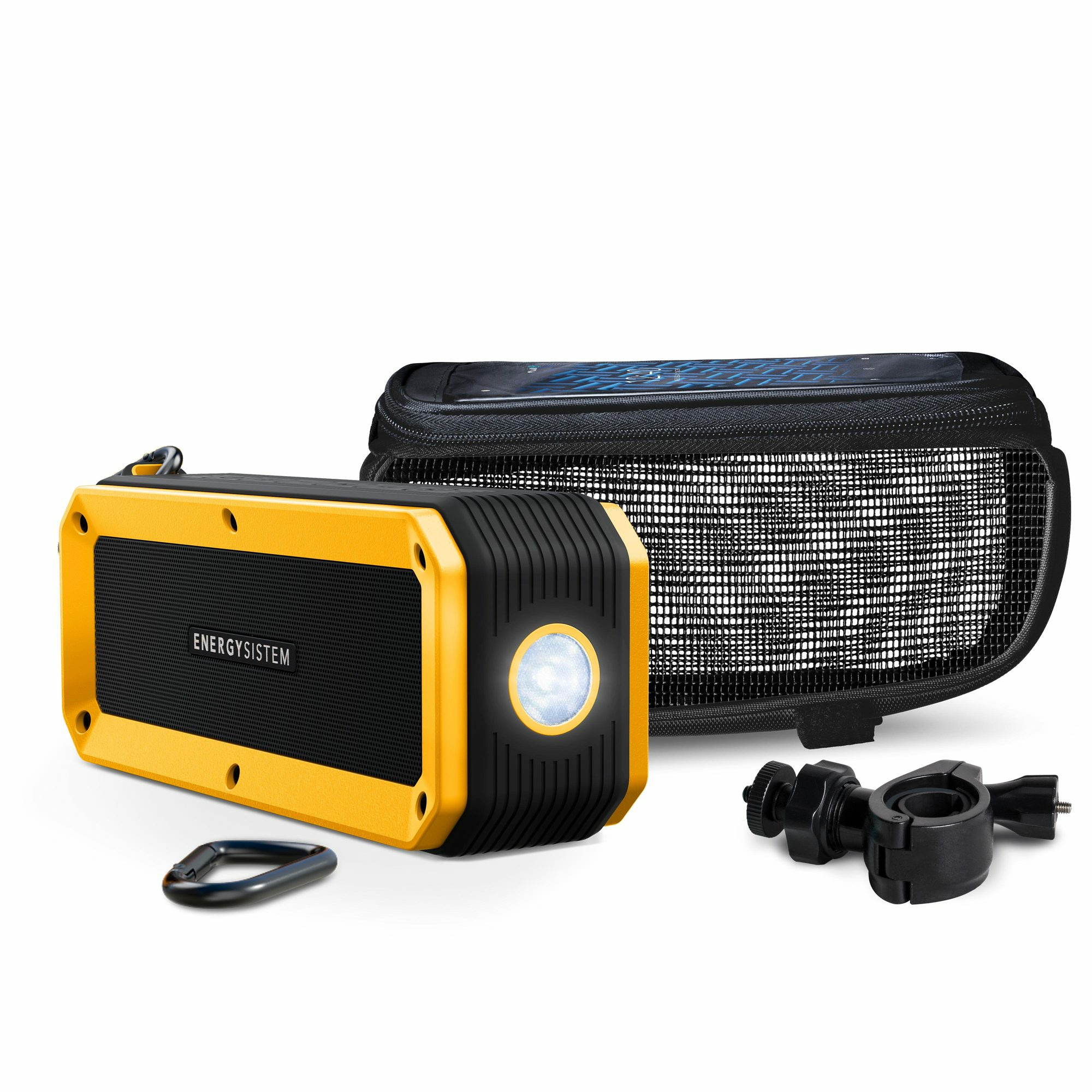 Altavoz amarillo y negro, funda de transporte negra y soporte de montaje sobre fondo blanco.