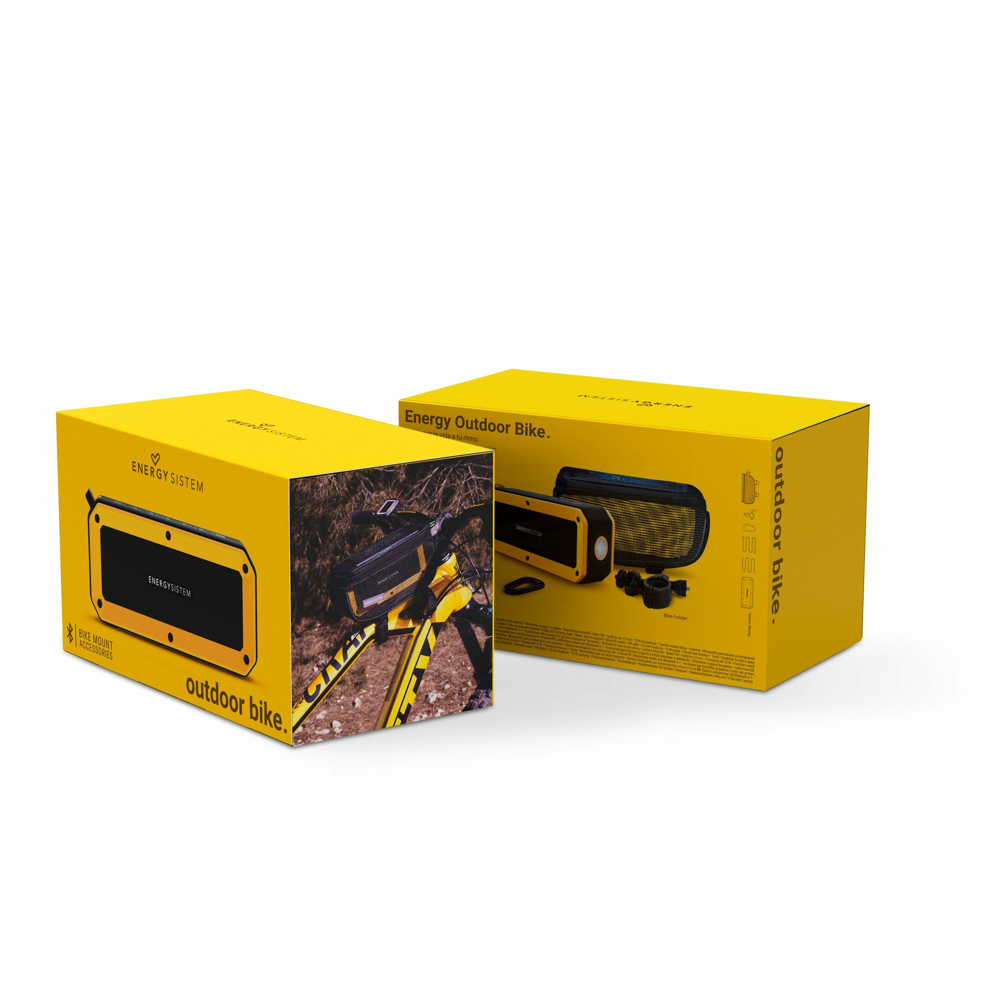 Dos cajas amarillas con detalles negros. Dicen 'Energy Outdoor bike' con el producto mostrado.