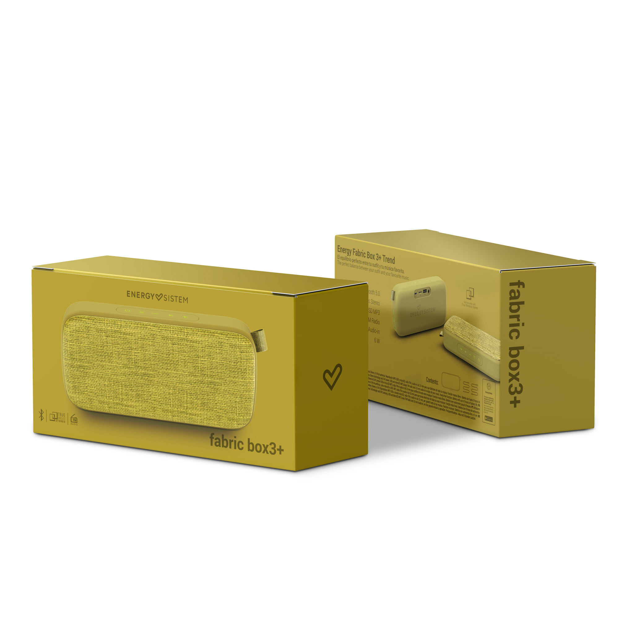 Dwa żółte pudełka głośnikowe z napisem 'fabric box 3+'.