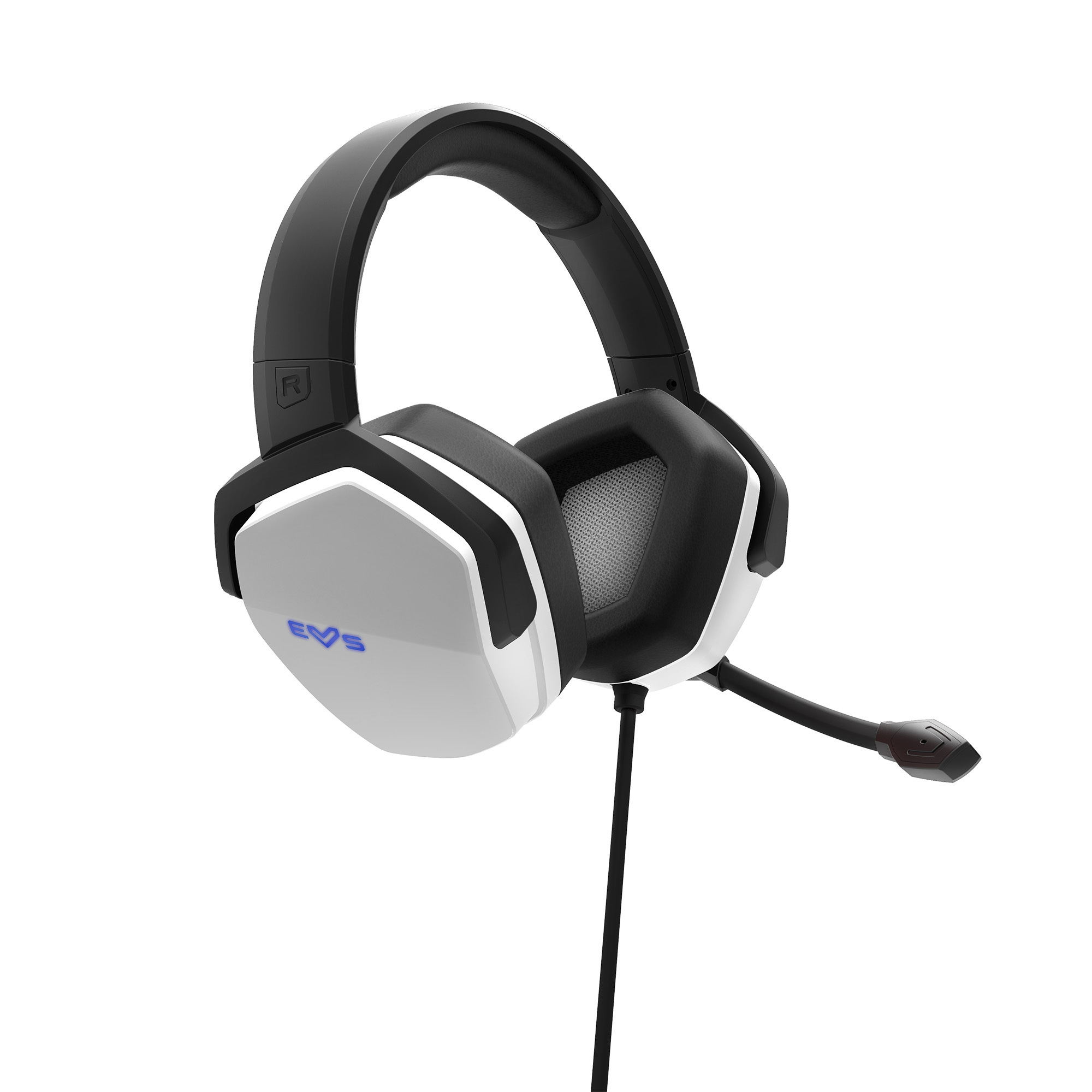 Cuffie da gioco bianche e nere con microfono. Logo EVS sul padiglione auricolare. Sfondo bianco.