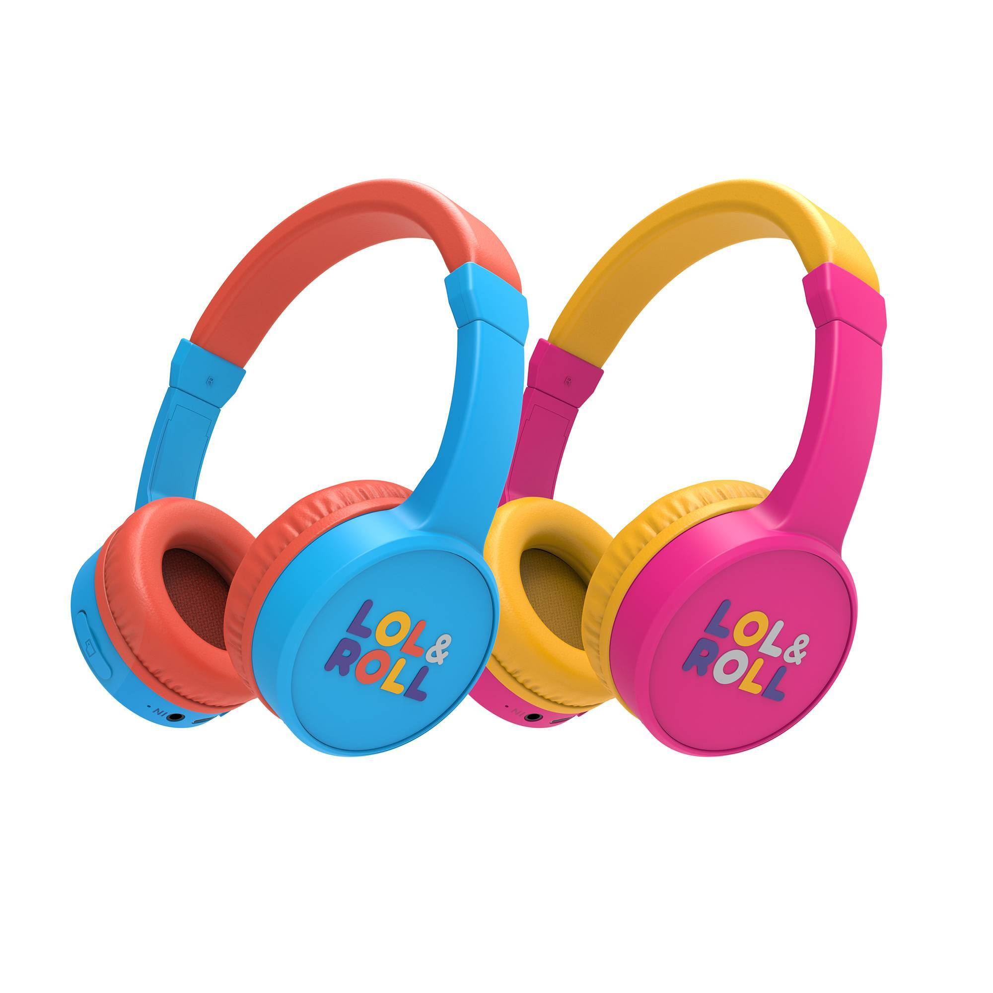 Due paia di cuffie. Uno blu/arancione e l'altro giallo/rosa. Testo LOL & ROLL su ciascuno.