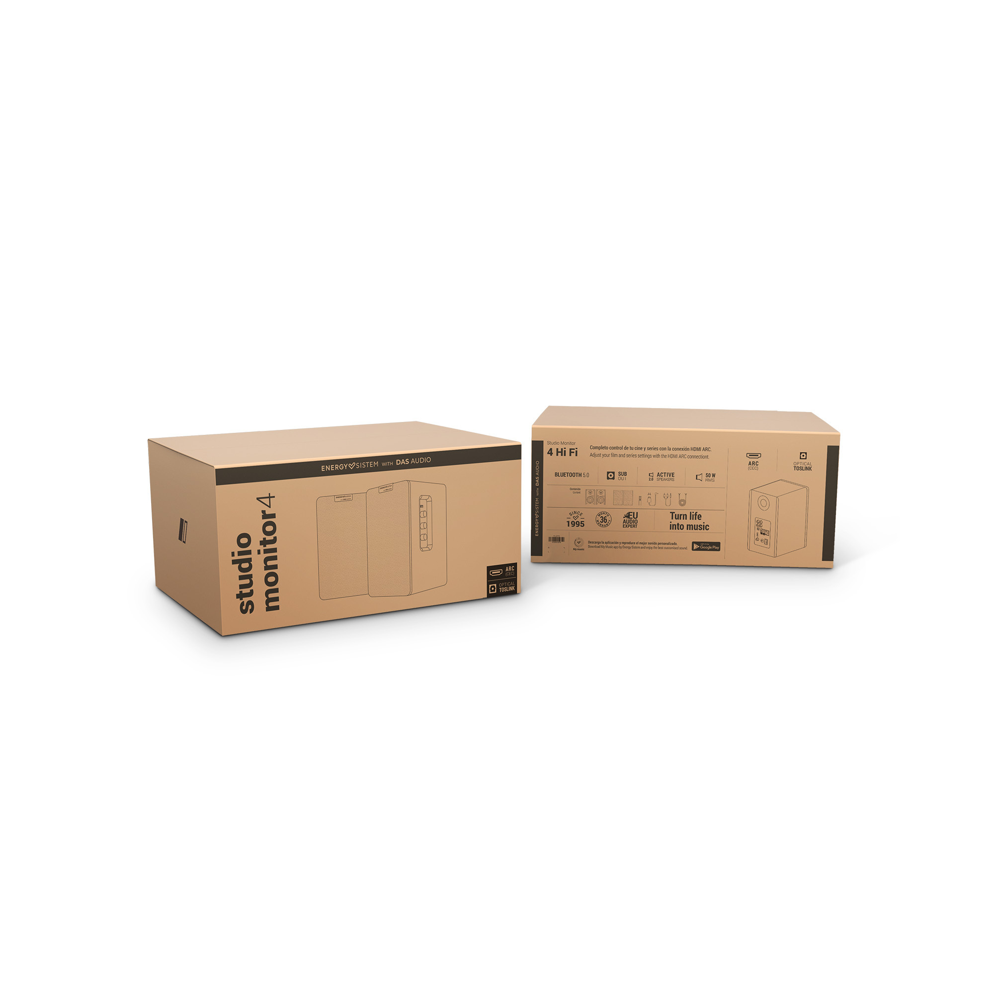 Dos cajas de cartón marrón con texto y diagramas. Las cajas tienen productos dentro.
