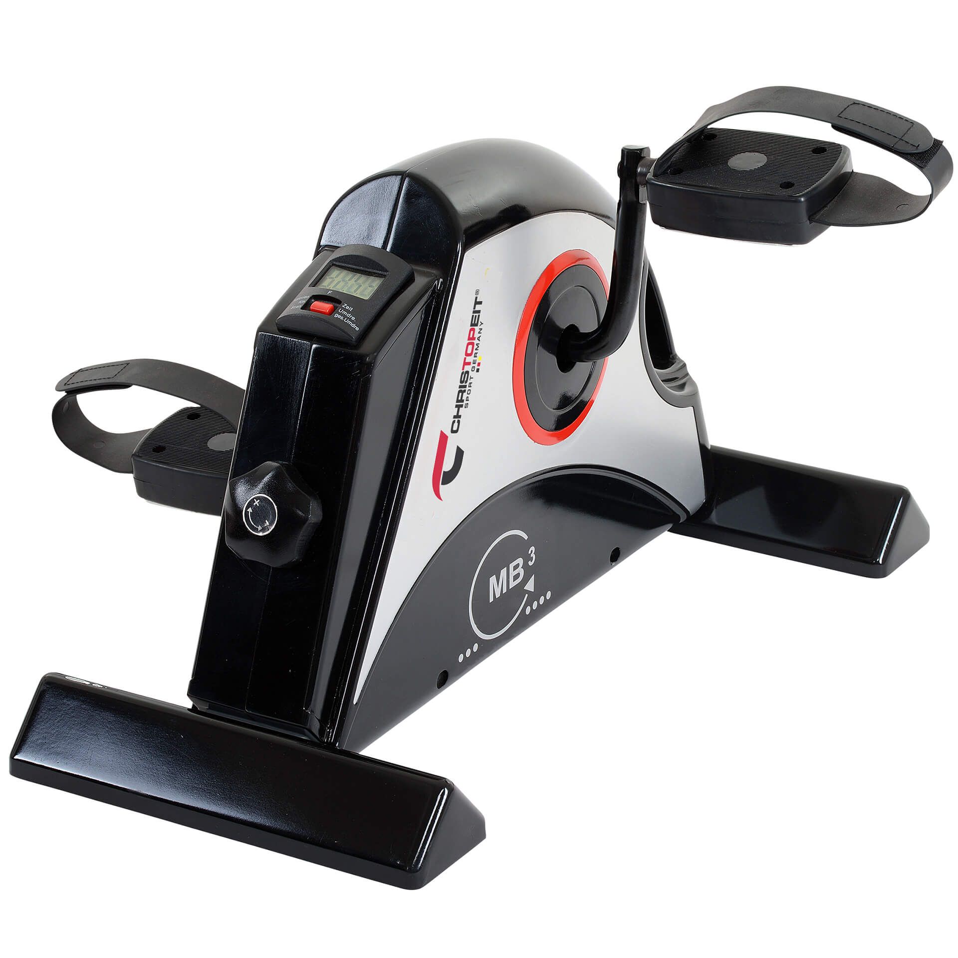 Ein kleines Trainingsfahrrad mit schwarzen, roten und silbernen Teilen. Es hat eine Digitalanzeige und Fußschlaufen.