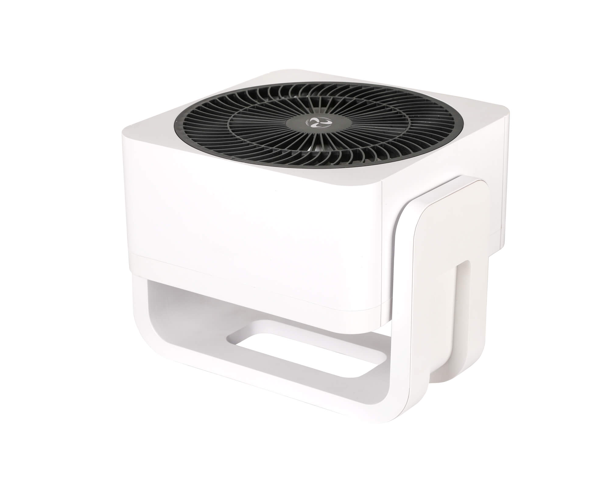 Weißer Luftreiniger mit schwarzem Ventilator oben und weißem Ständer.