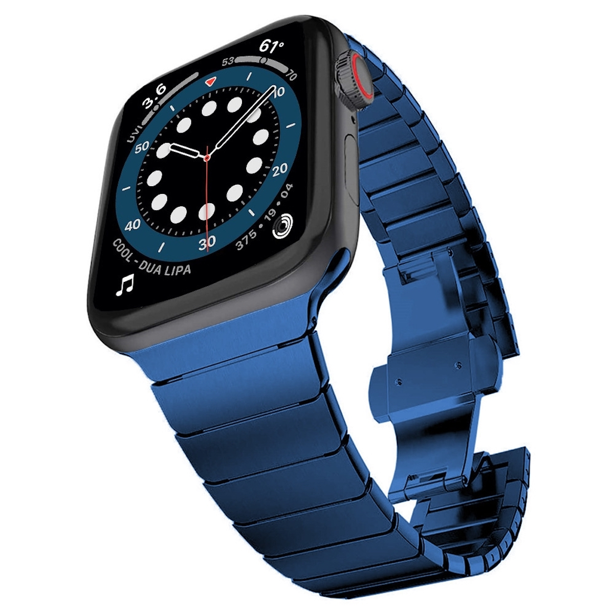Blaue Edelstahl-Apple Watch mit blauem Metallarmband, weißer Hintergrund.