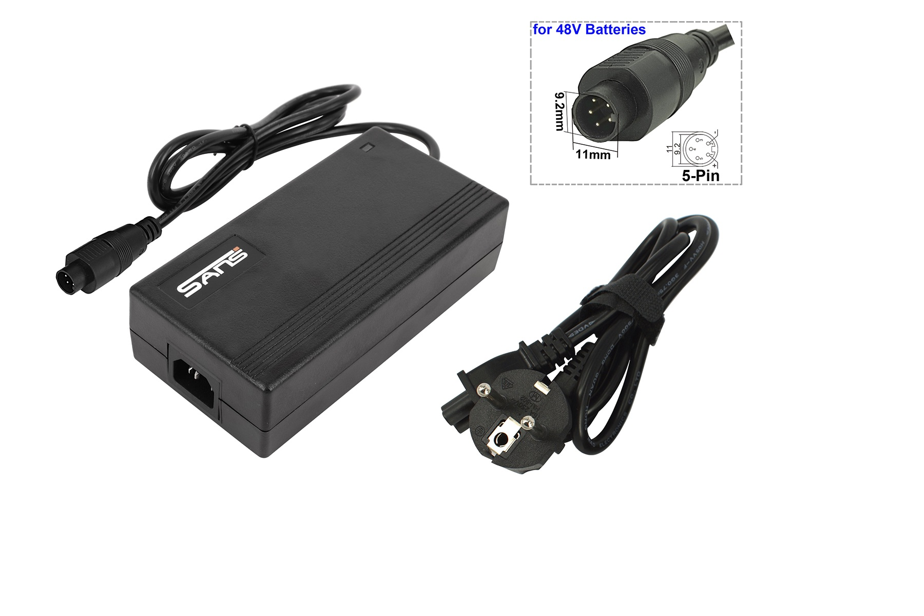 Schwarzes Netzteil mit Kabel und Stecker. Es gibt ein Diagramm. Für 48V-Batterien.