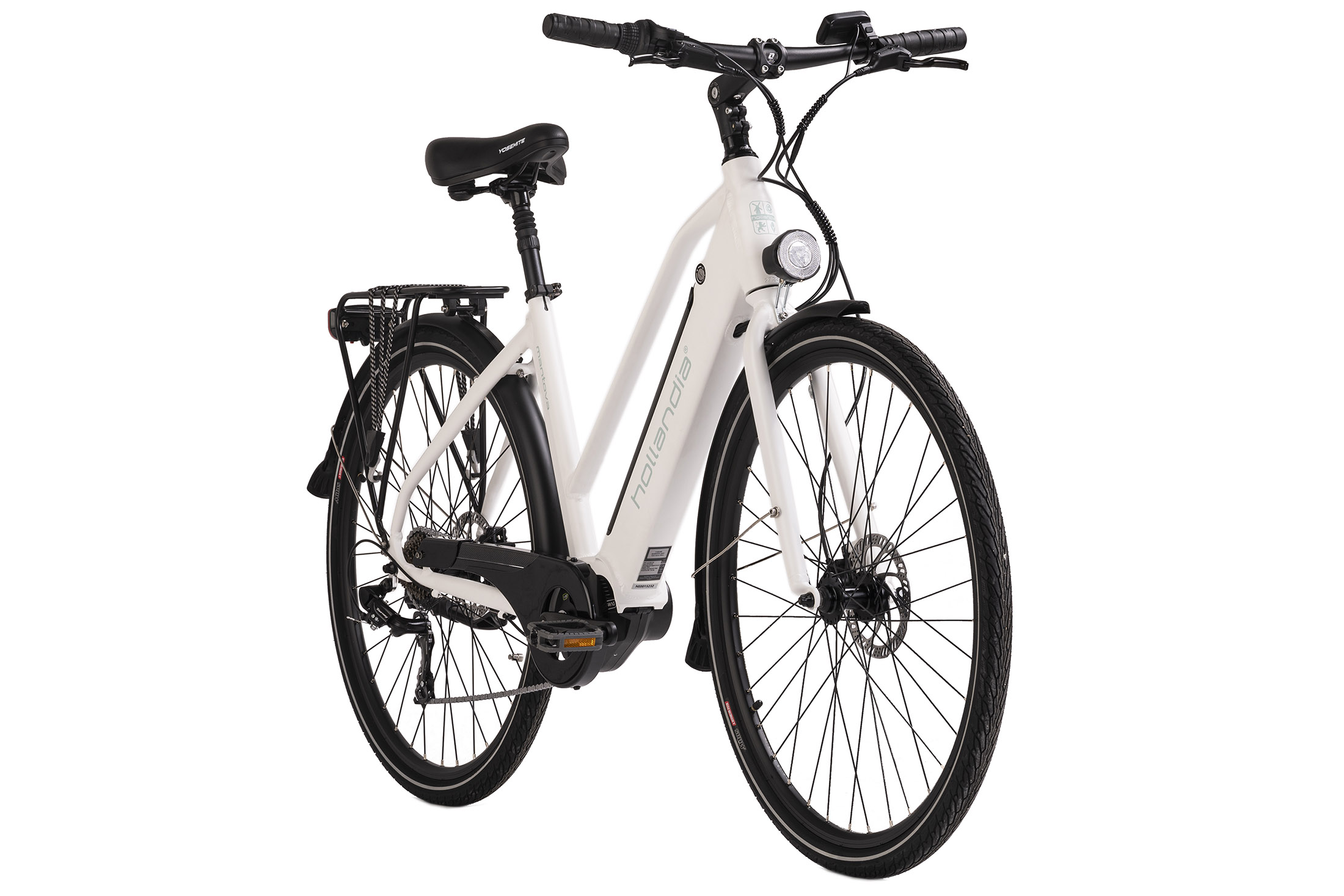 Weißes Elektrofahrrad, Seitenansicht, auf weißem Hintergrund.