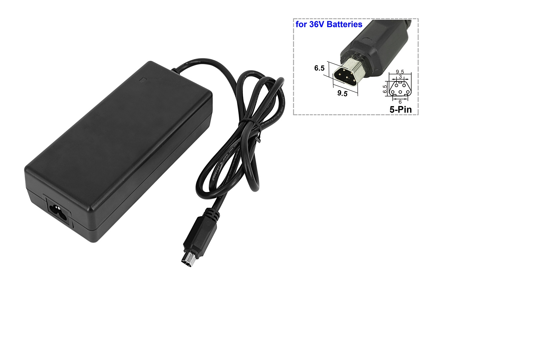 Adattatore di alimentazione nero con cavo e diagramma a 5 pin su sfondo bianco.