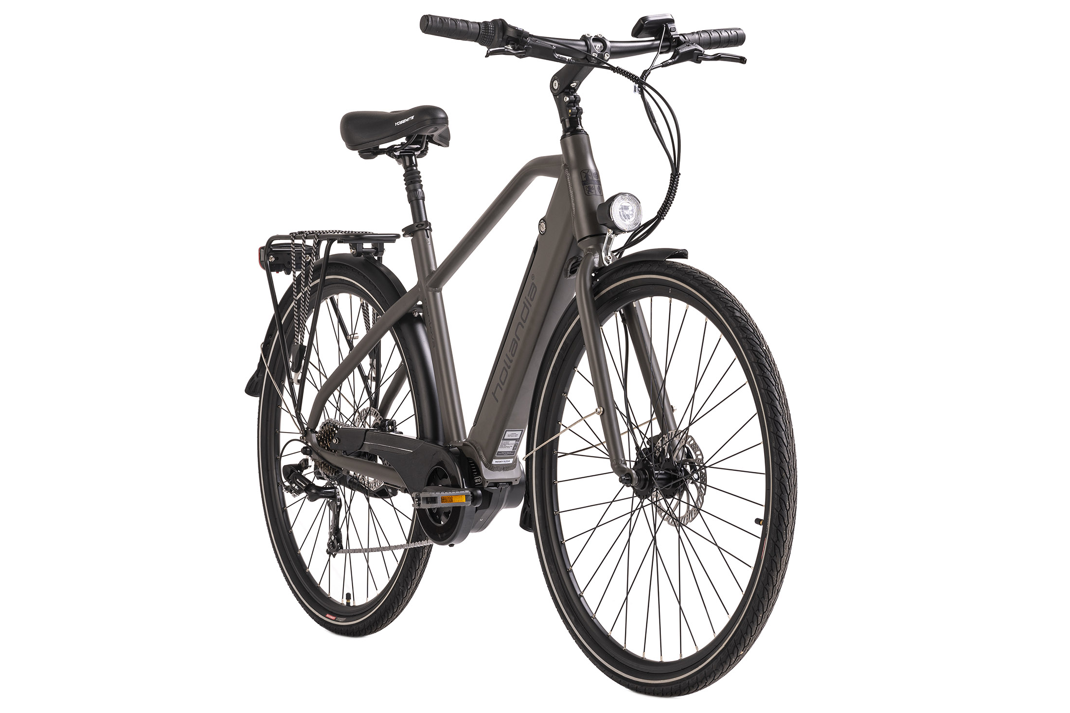Ein Elektrofahrrad. Es ist grau und hat einen schwarzen Gepäckträger.