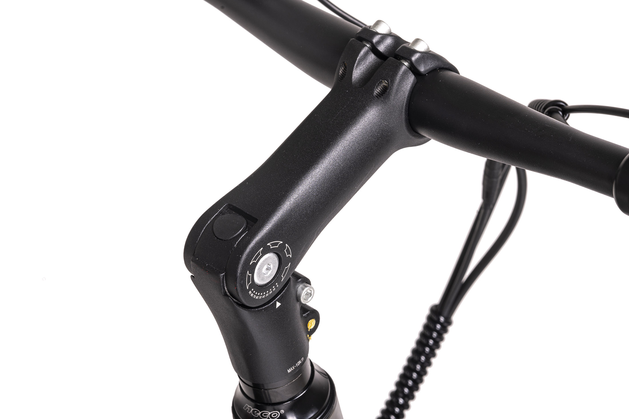 Schwarzer Fahrradlenker-Vorbau mit Einstellrad und Kabel.