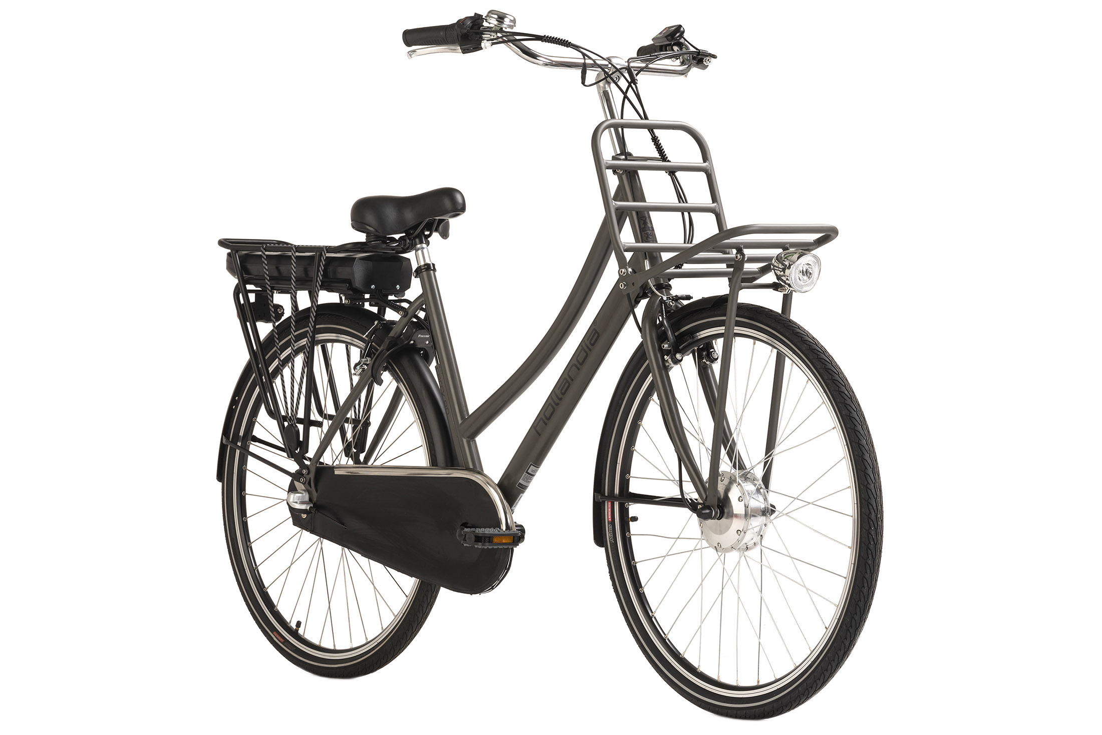 Dunkelgraues City-Fahrrad mit Frontkorb, Gepäckträger und Elektromotor.
