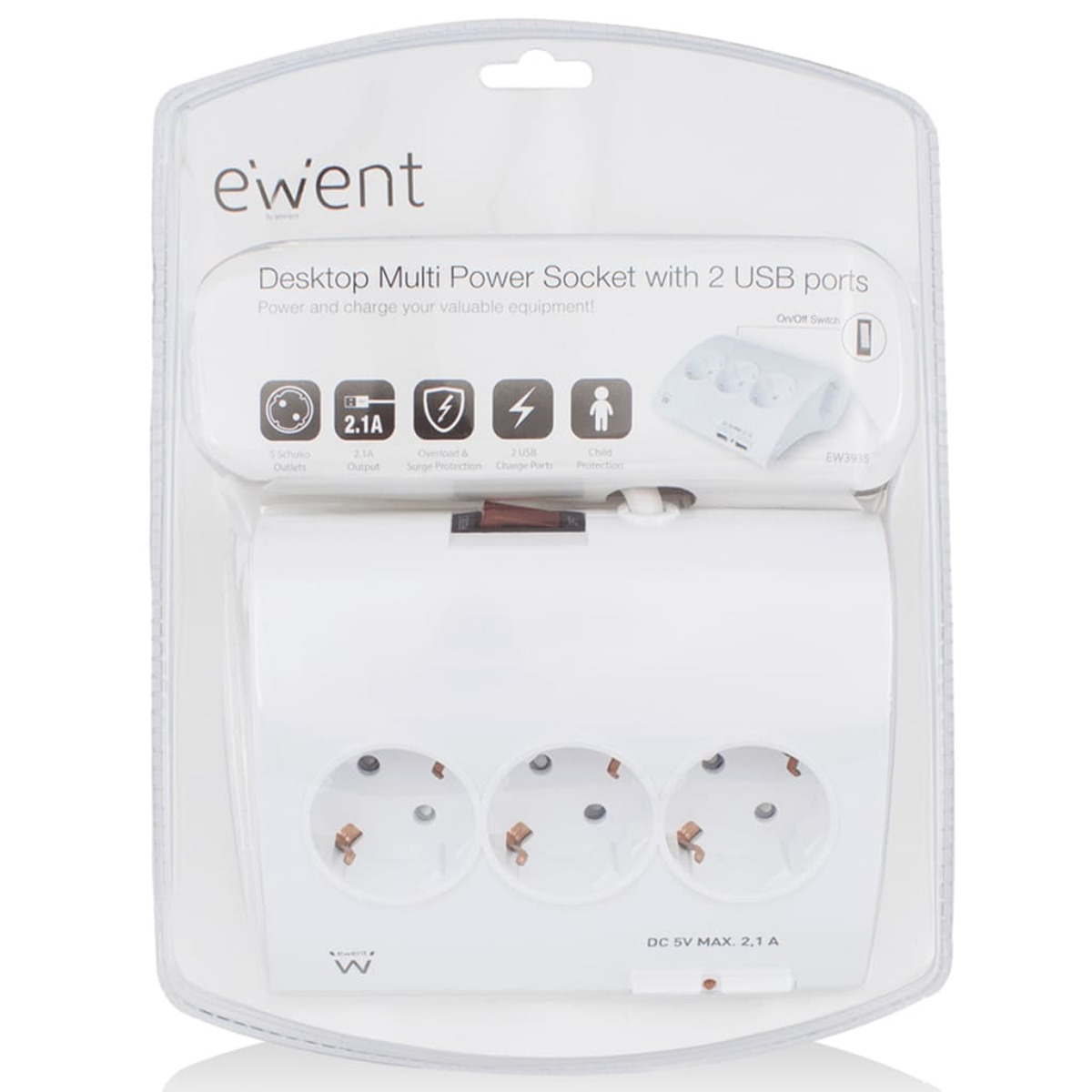 Biała listwa zasilająca z trzema gniazdami i dwoma portami USB, w przezroczystym plastikowym opakowaniu.
