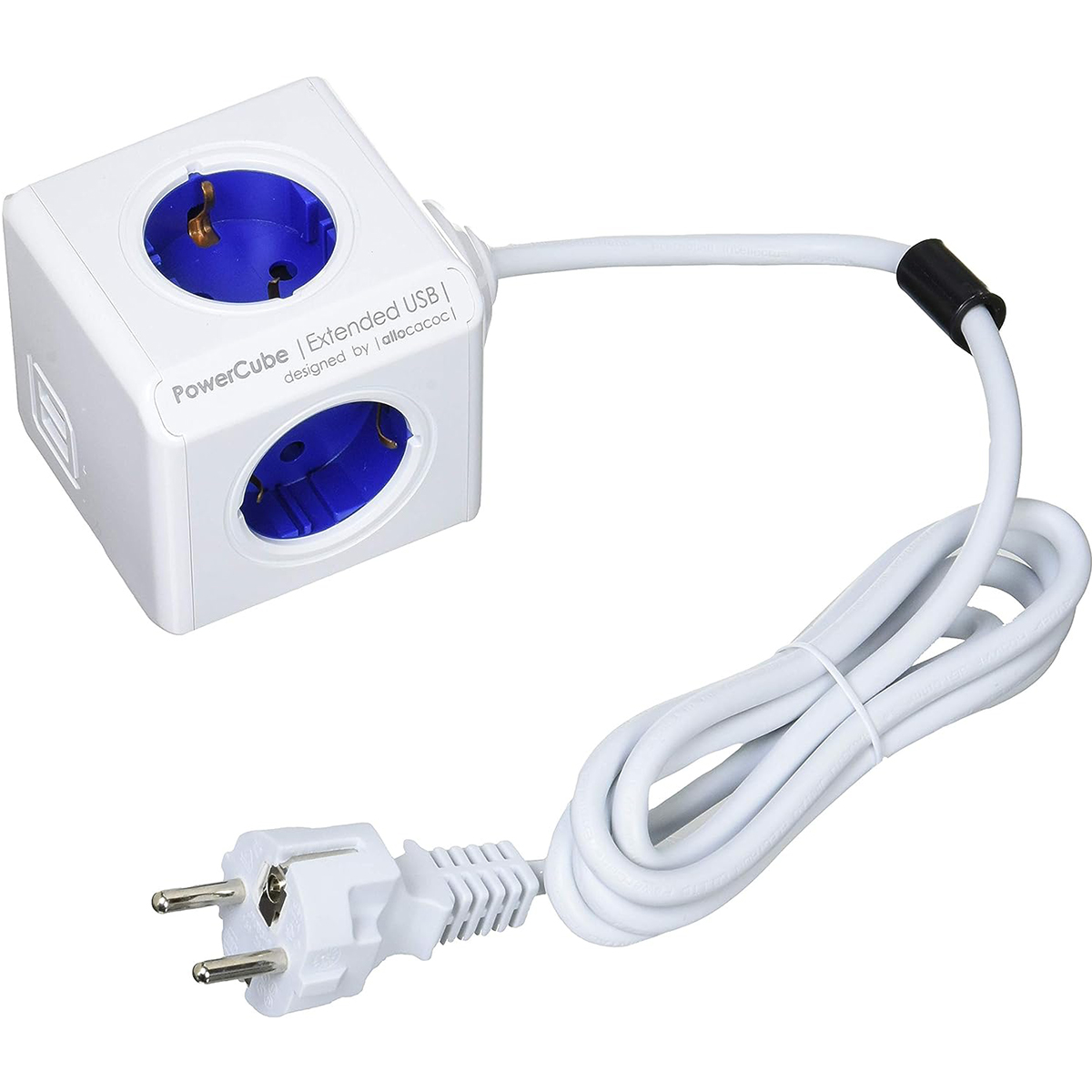 Biała kostka zasilania z niebieskimi gniazdami, podłączona do białego kabla z wtyczką.