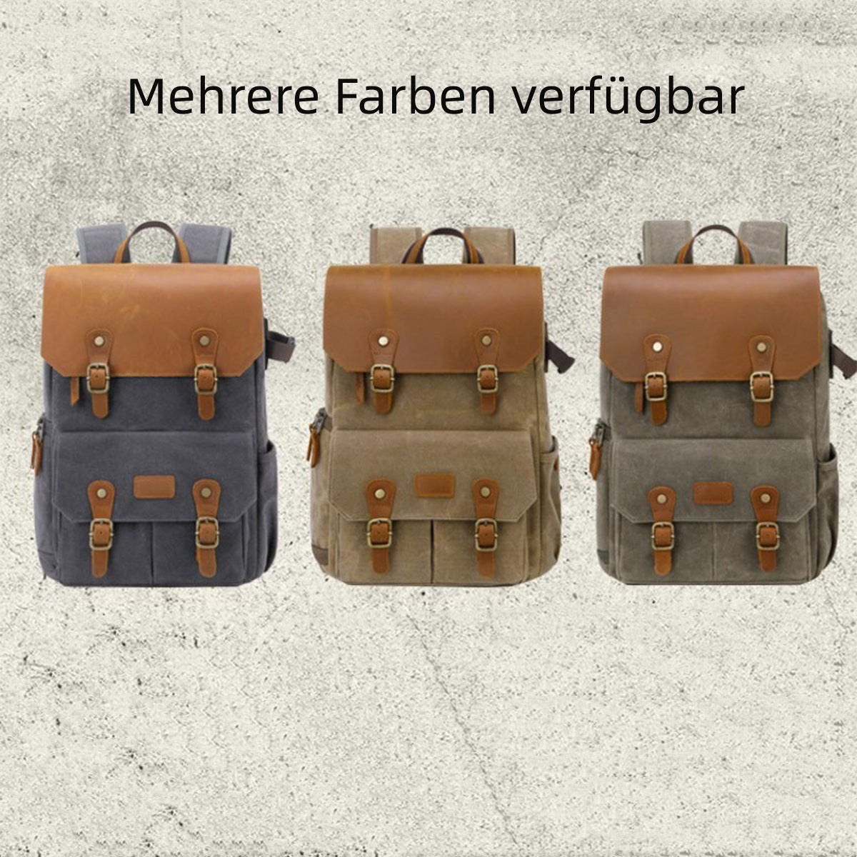 Tres mochilas de diferentes colores con tapas de cuero marrón.