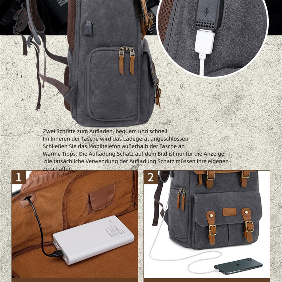 Mochila gris con detalles de cuero marrón. En el interior, un banco de energía está conectado a un puerto USB.