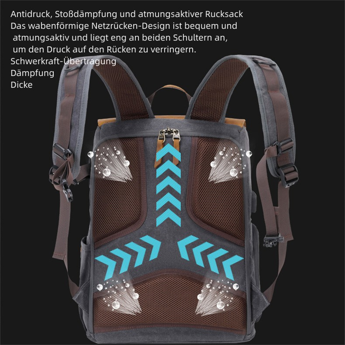 Una mochila gris con correas marrones. Flechas y gotas de agua están superpuestas en la espalda.
