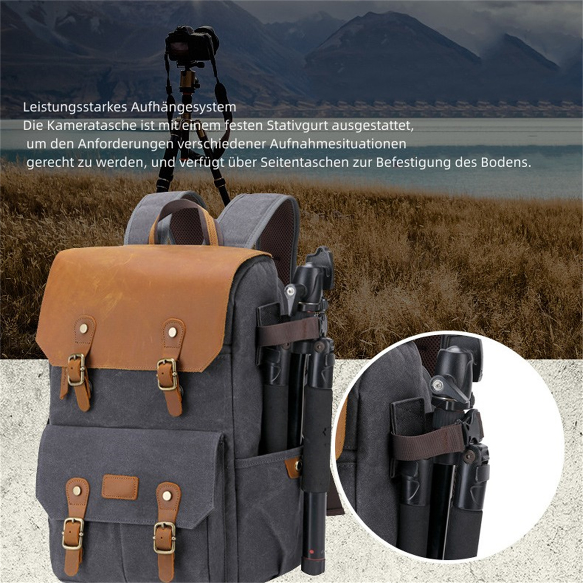 Una mochila gris y marrón con un trípode adjunto.