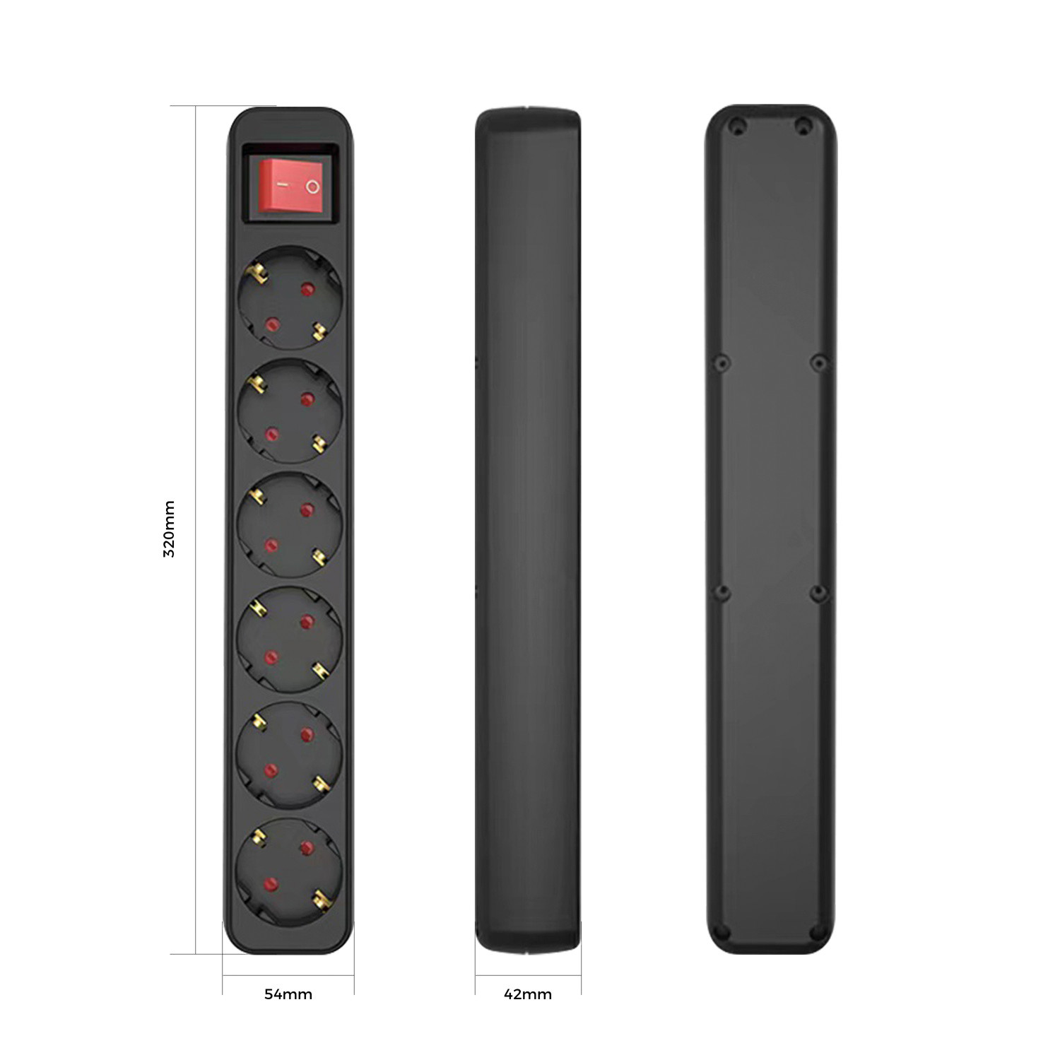 Regleta negra con seis enchufes, un botón de encendido rojo y etiquetas de dimensiones. Tres vistas.