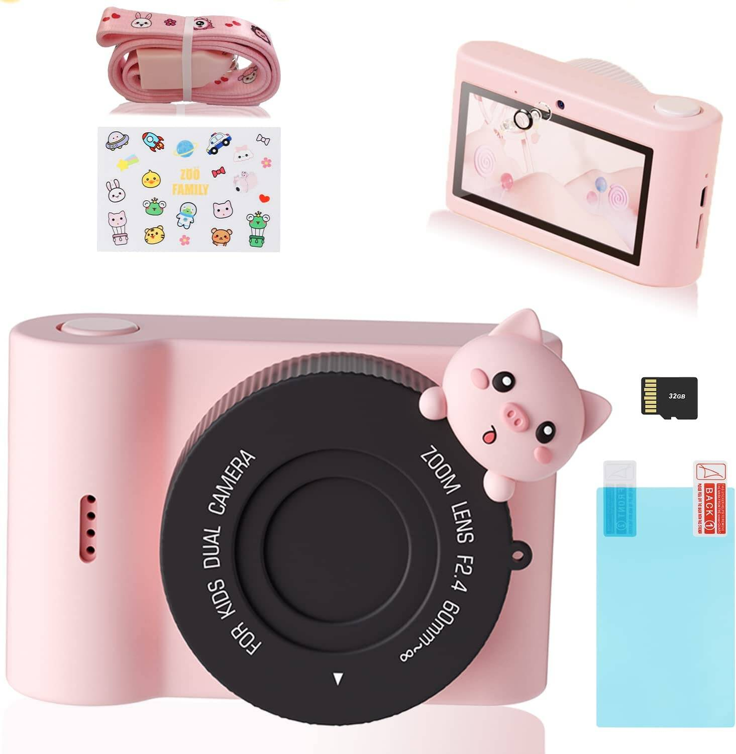 Cámara rosa para niños con pegatinas, correa y protector de pantalla. Cara de cerdo en la lente.