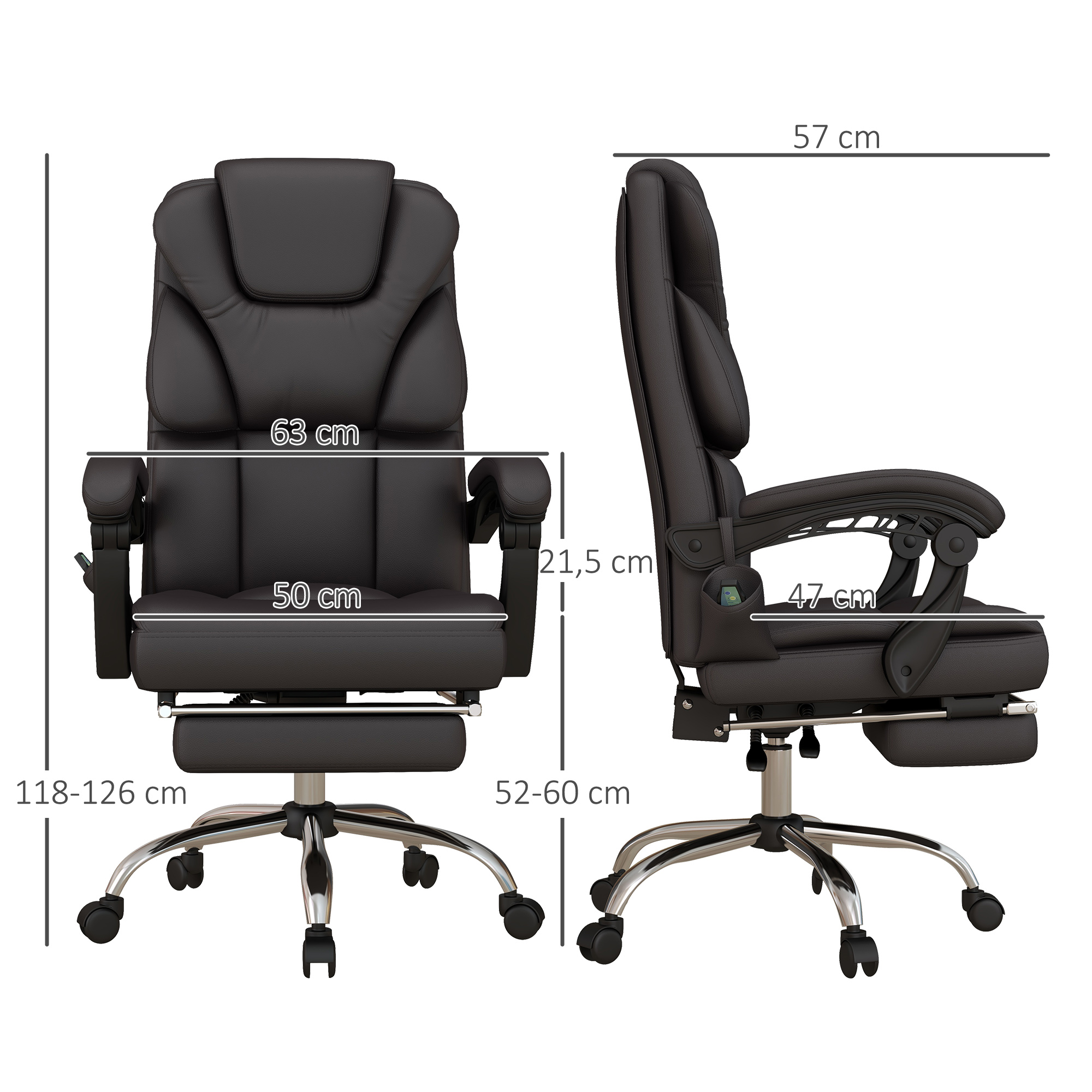 Silla de oficina negra con medidas indicadas. La silla tiene reposapiés.