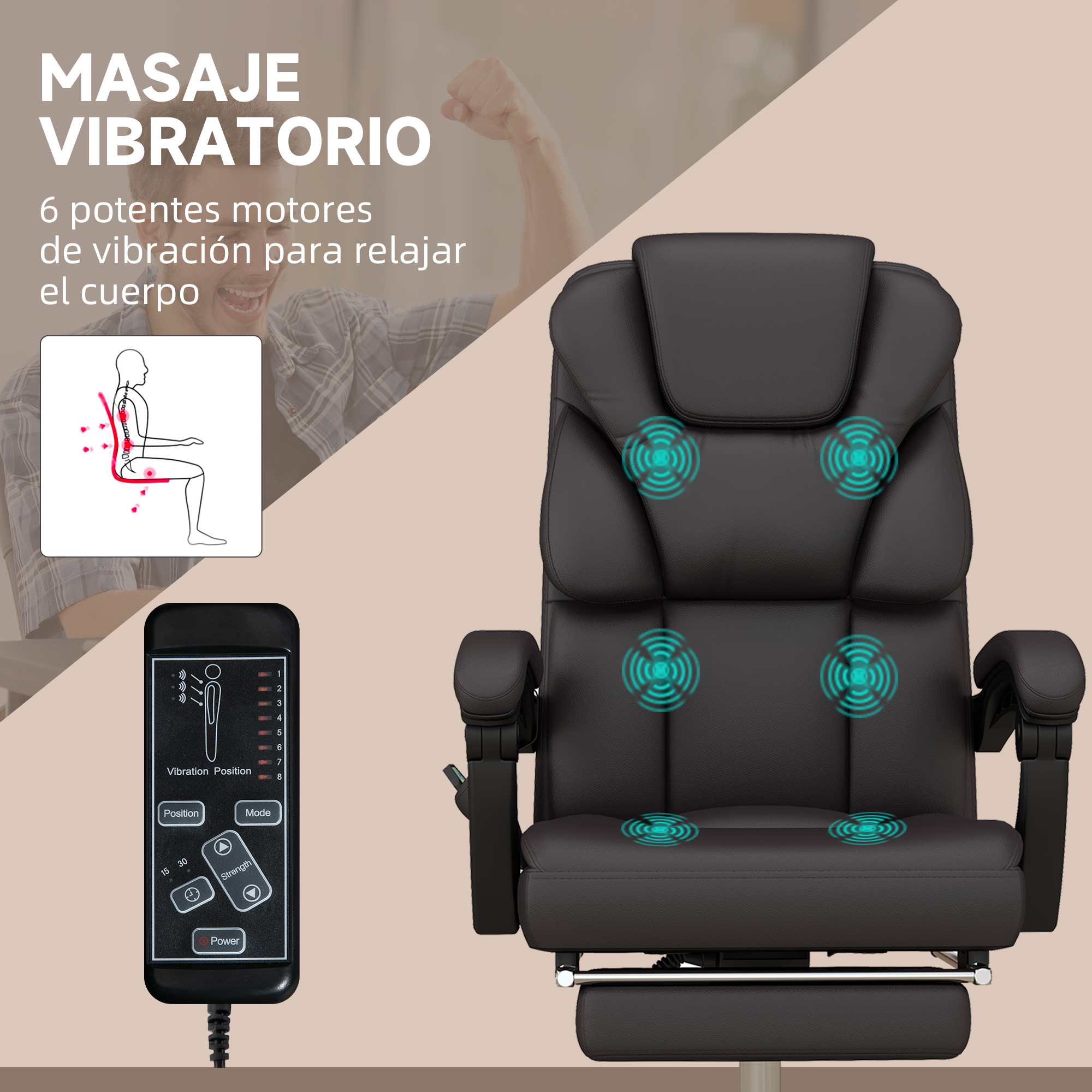 Sillón de masaje negro con panel de control, mostrando zonas vibratorias.
