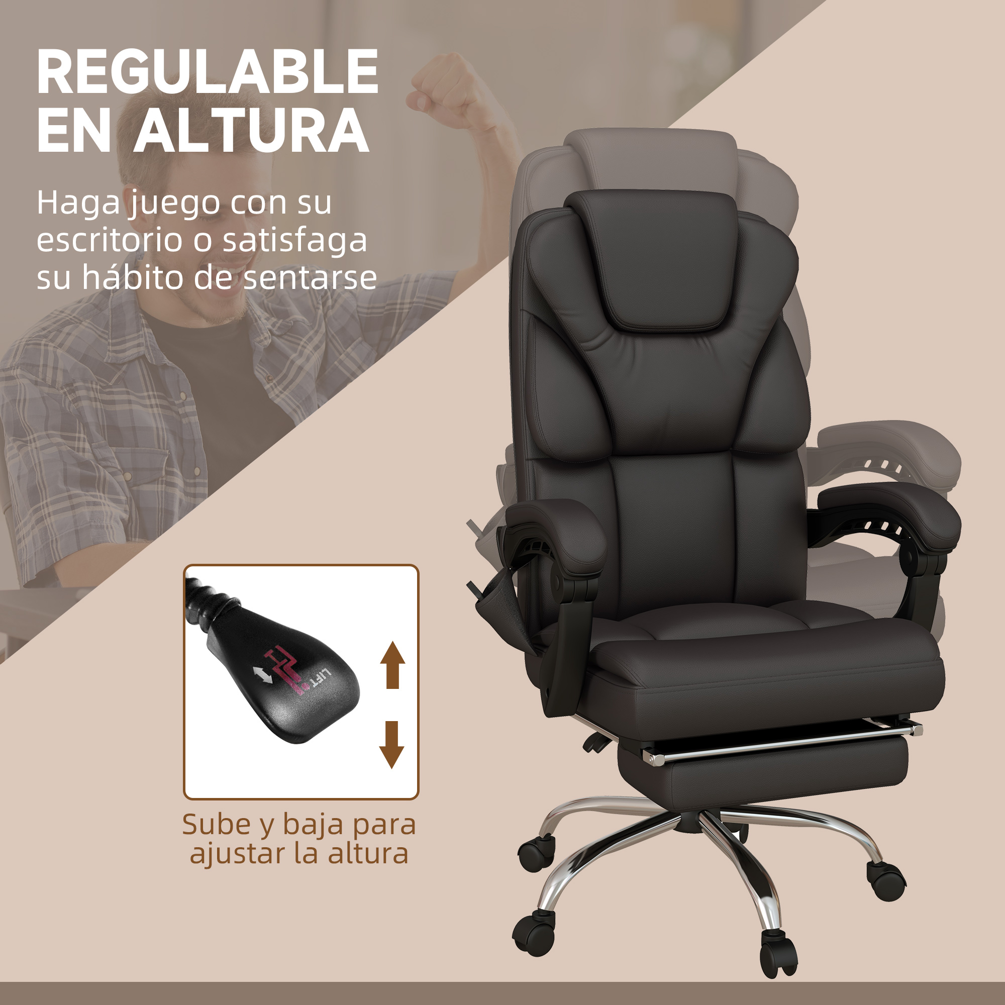 Una silla de oficina de cuero negro con altura ajustable y reposapiés. El fondo es un estudio.