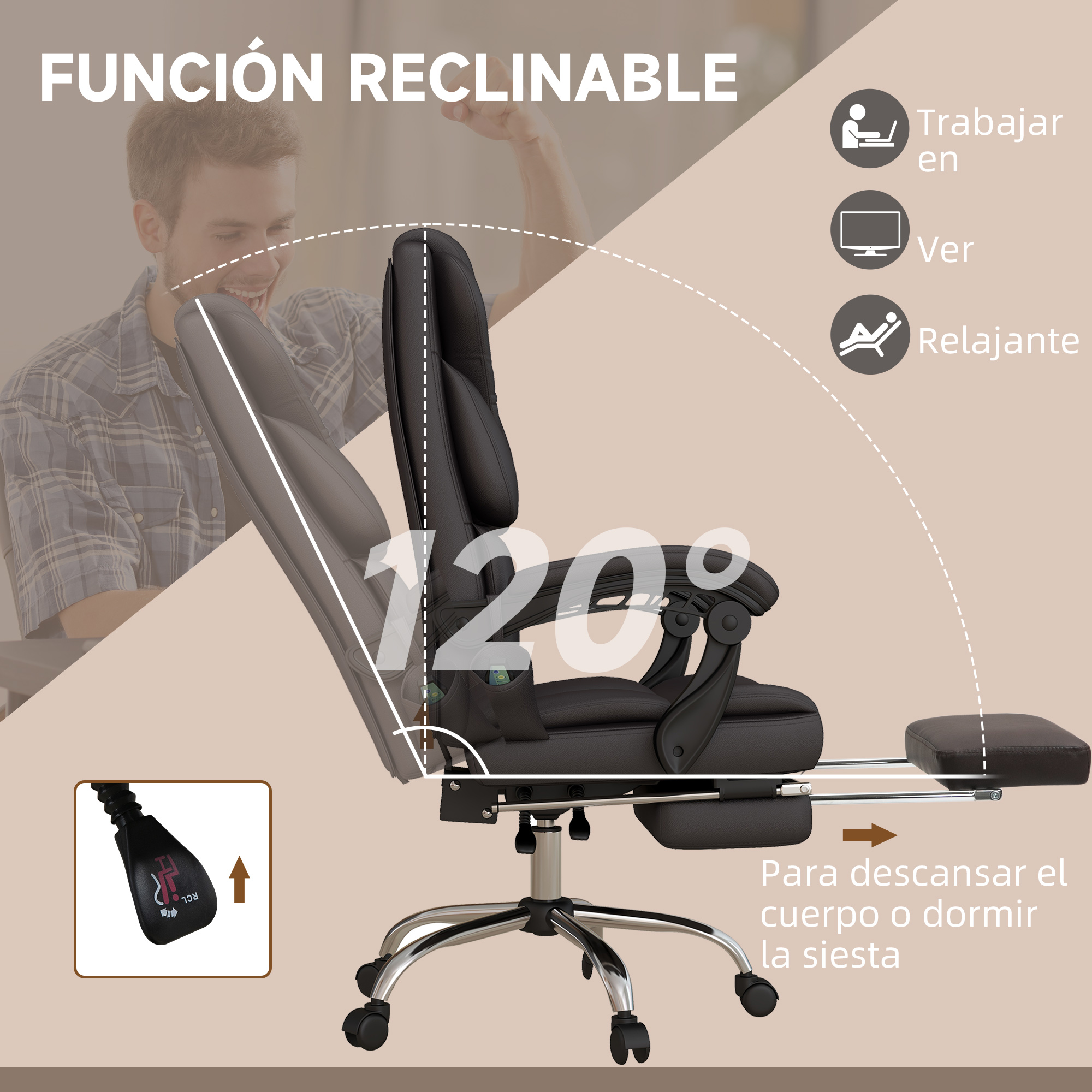 Una silla de oficina en negro se muestra con un ángulo de reclinación de 120 grados. Un hombre está en el fondo.
