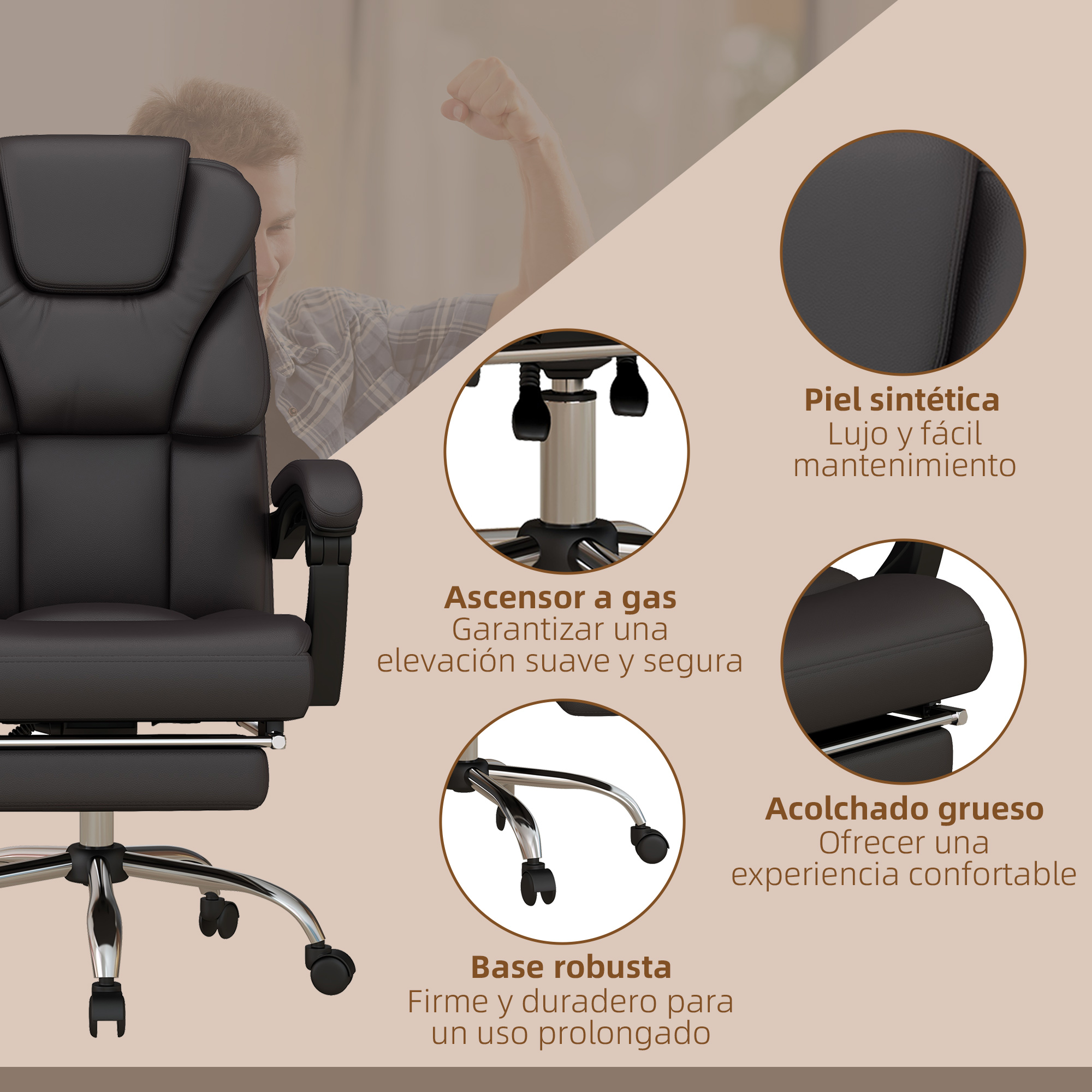 Silla de oficina de cuero negro con detalles: cuero sintético, elevador de gas, base robusta.