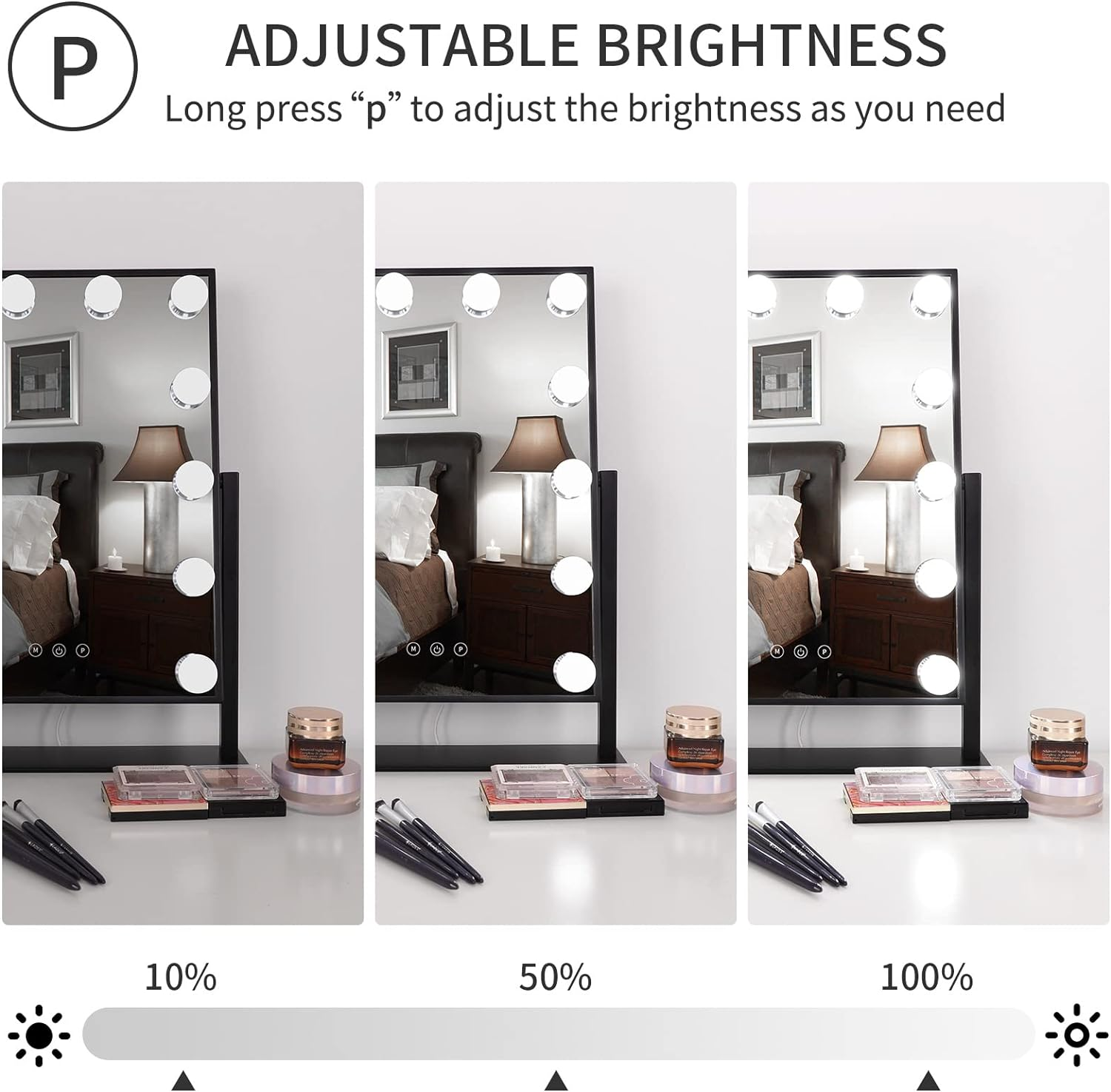 Tres imágenes de un espejo con brillo ajustable. Se muestran diferentes configuraciones de luz.
