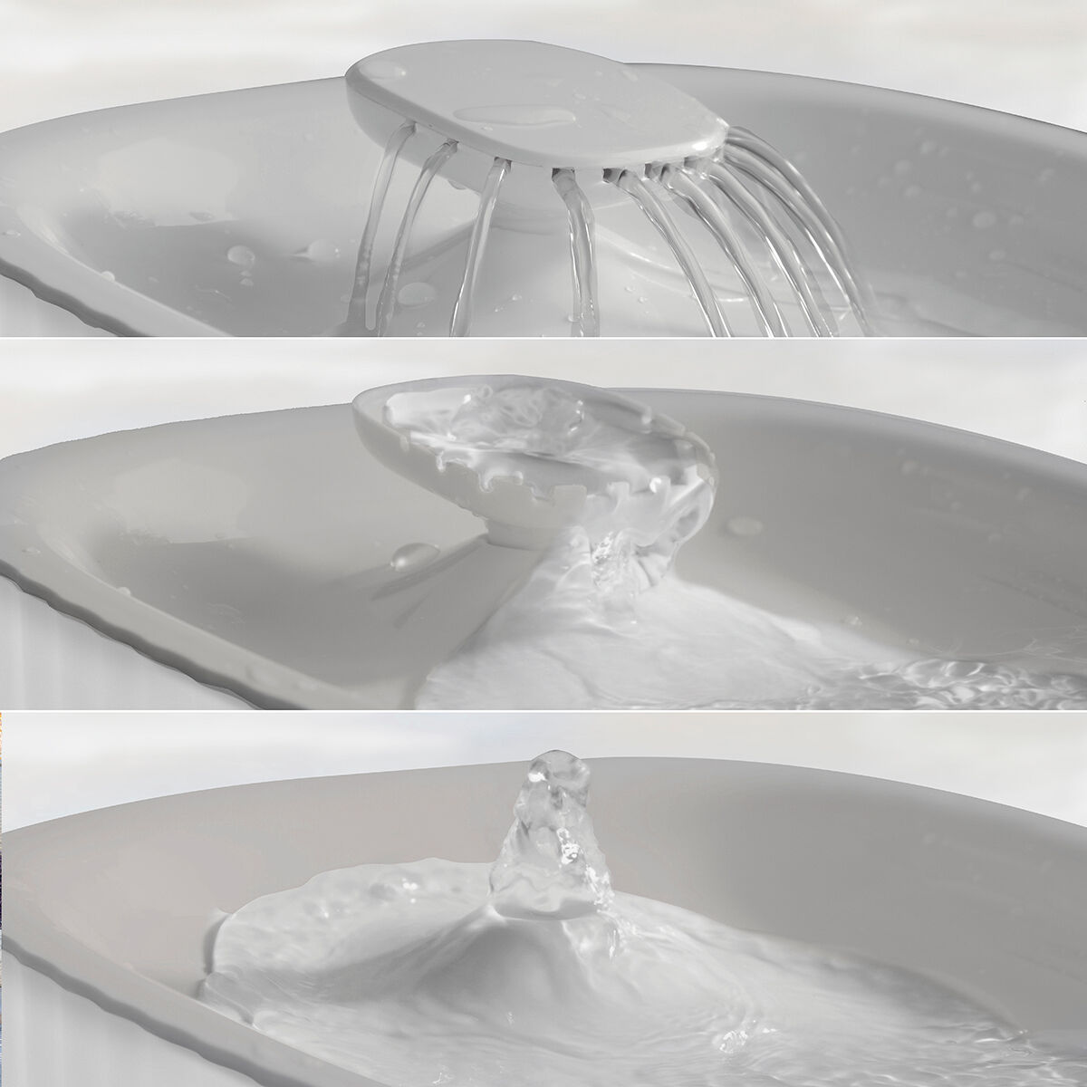 Drei Bilder, die einen Springbrunnen mit weißem Becken zeigen. Wasserströme und -spritzer sind sichtbar.