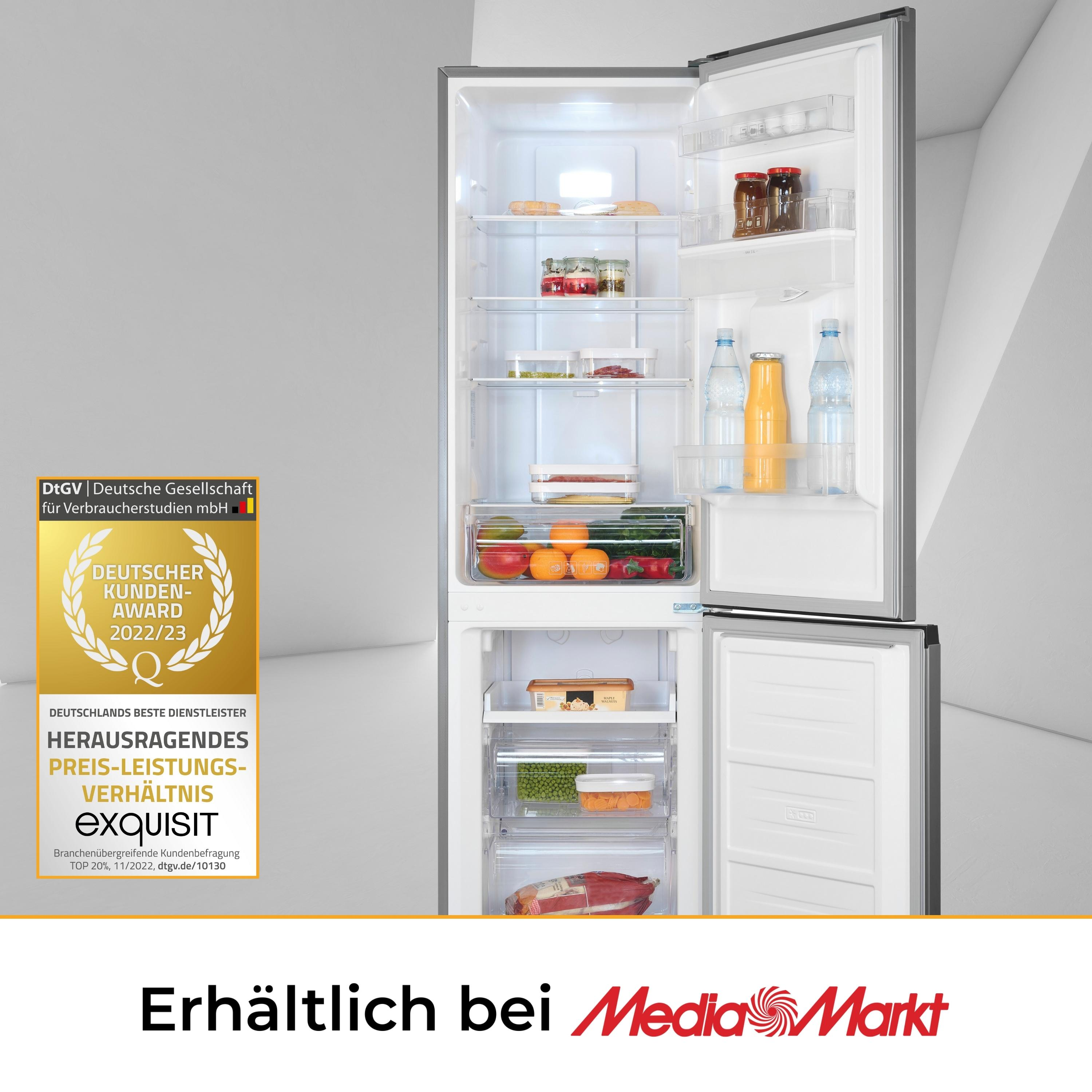 Offener Kühlschrank mit Lebensmitteln und Auszeichnungslogo. Text: 'Deutscher Kunden-Award' und 'Exquisit'.