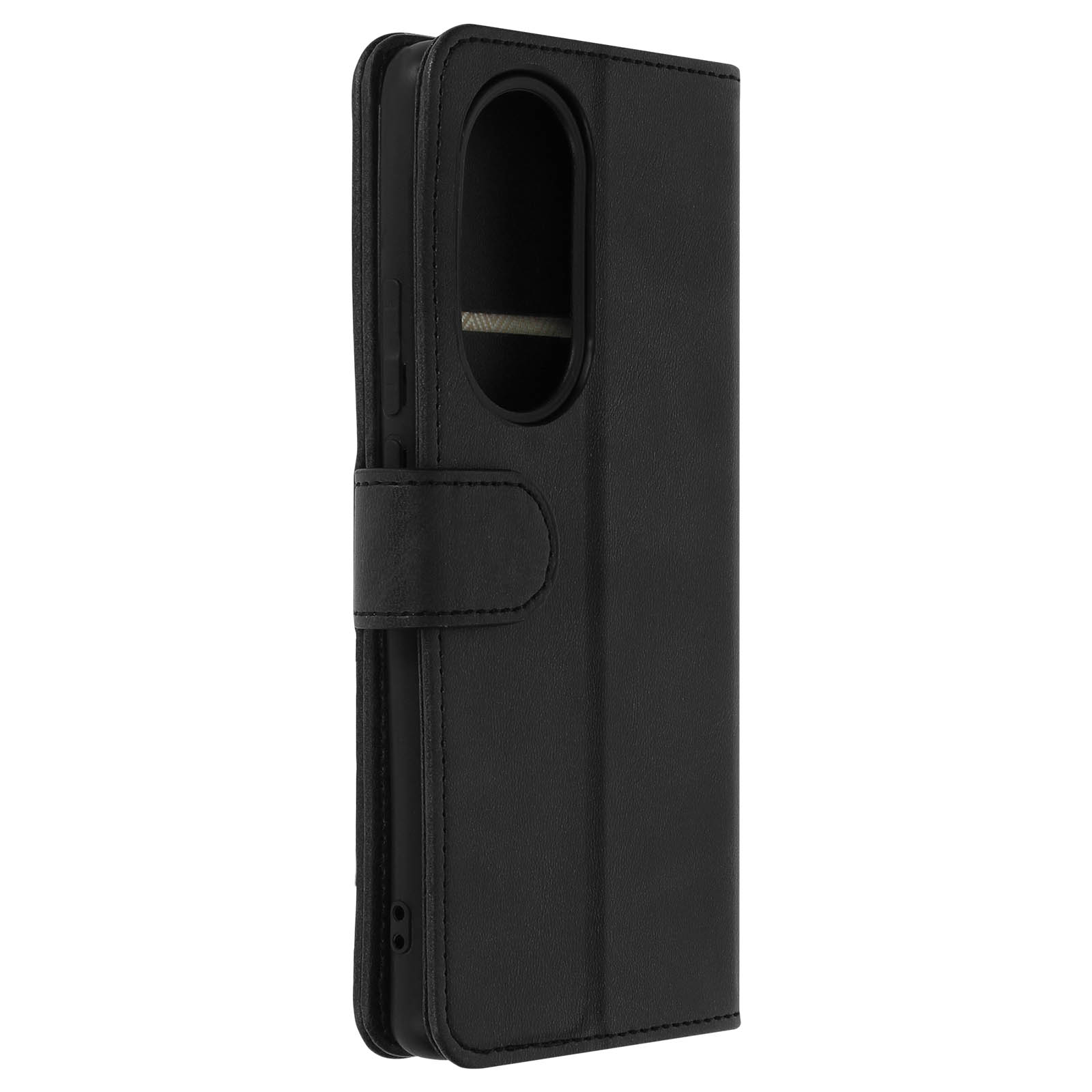Eine schwarze Handyhülle, geöffnet, um einen Telefonschlitz freizugeben. Die Hülle hat einen Magnetverschluss.