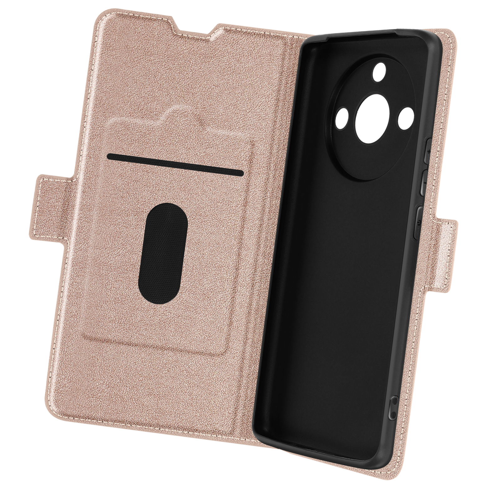 Geöffnete roségoldene Handyhülle, die ein Telefon darin zeigt. Die linke Seite hat Kartenfächer.