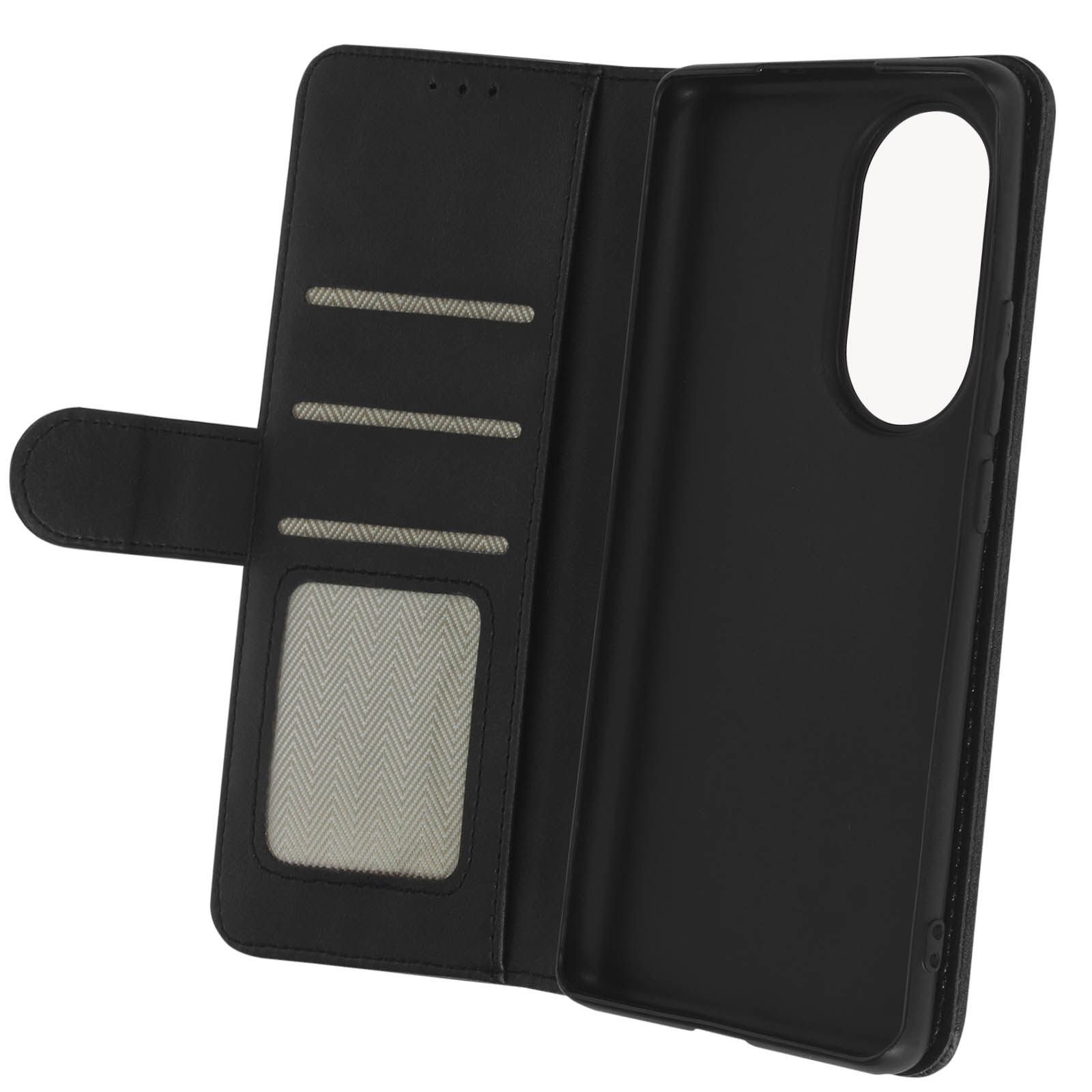 Schwarze Leder-Handyhülle, offen, mit Kartenfächern und Telefonbereich, auf weißer Oberfläche.