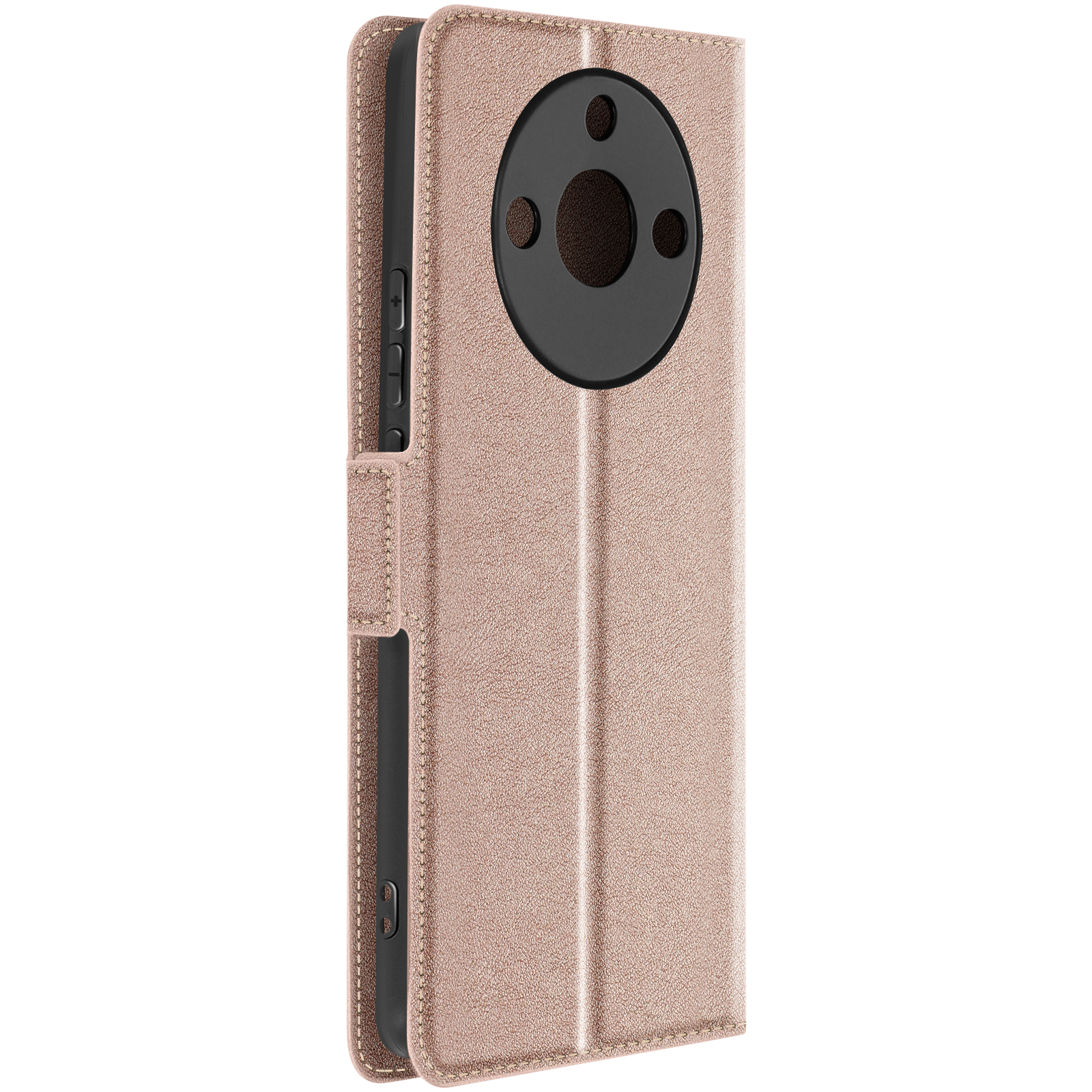 Roségoldenes Handy-Case offen, zeigt ein Handy. Schwarzes Handy, Kamerakreis sichtbar. Weißer Hintergrund.